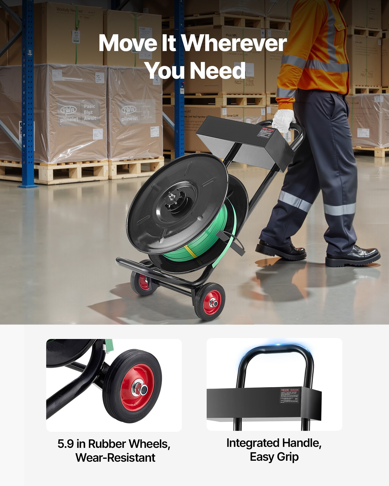 Carro flejador VEVOR, apto para bobinas de flejado de PET/PP/poliéster con núcleo de 8 pulgadas, dispensador de flejado resistente con sistema de freno mejorado y bandeja espaciosa integrada para herramientas.