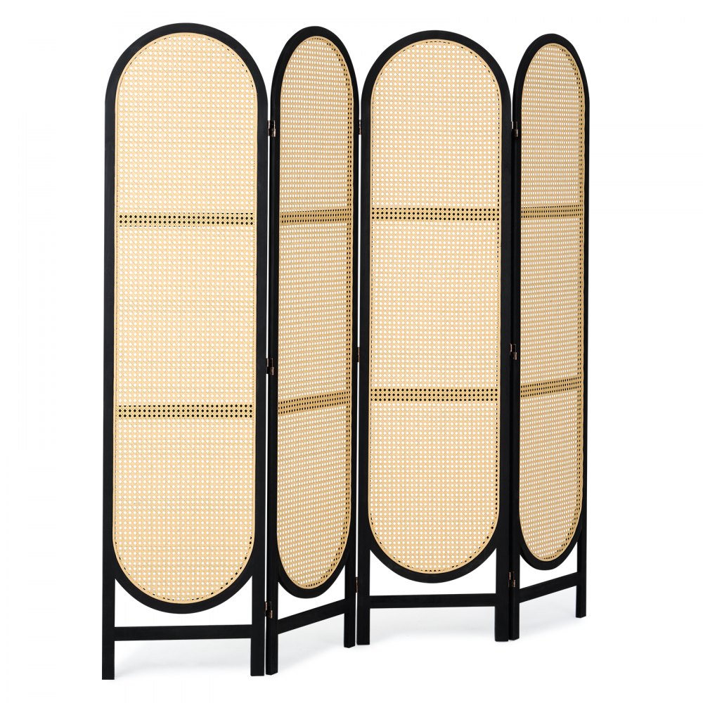 Biombo divisor de ambientes de 4 paneles de ratán tejido a mano, plegable, color marrón