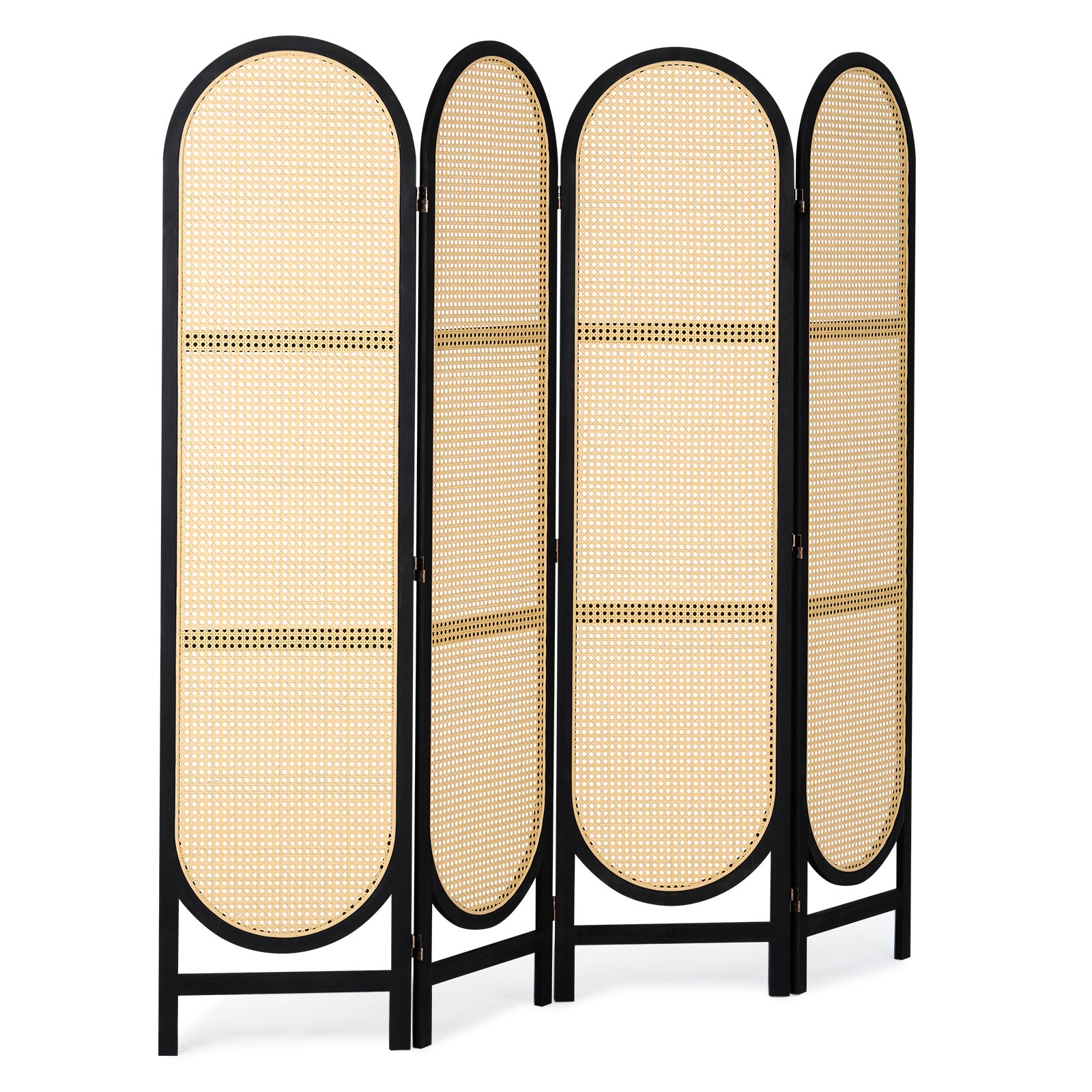 Biombo divisor de ambientes de 4 paneles de ratán tejido a mano, plegable, color marrón