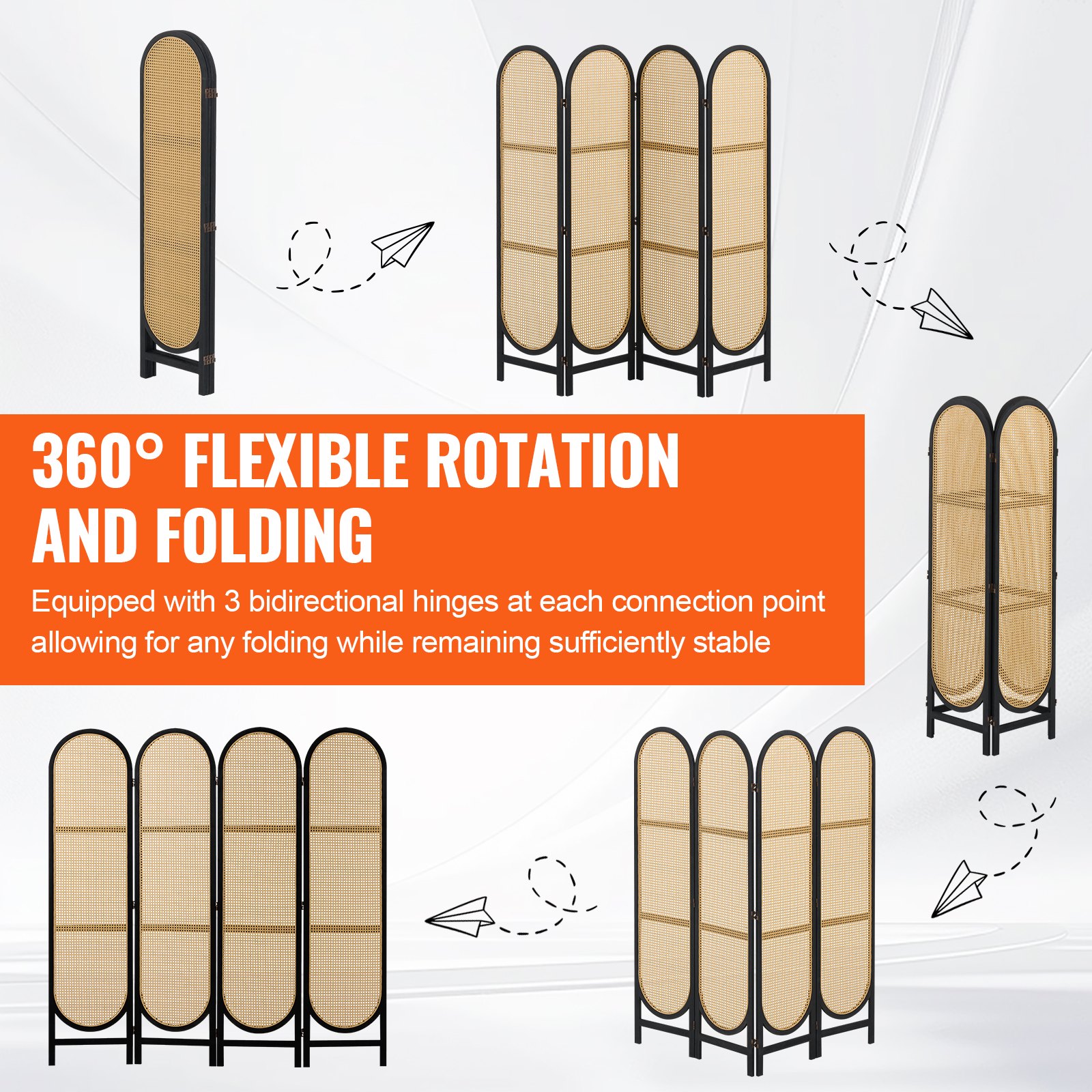 Biombo VEVOR de 4 paneles, biombo plegable de ratán tejido a mano con bisagras, separador portátil de ambientes, separador de pared independiente de madera para sala de estar y dormitorio, color marrón