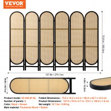 Biombo divisor de ambientes de 6 paneles de ratán tejido a mano, plegable, color marrón