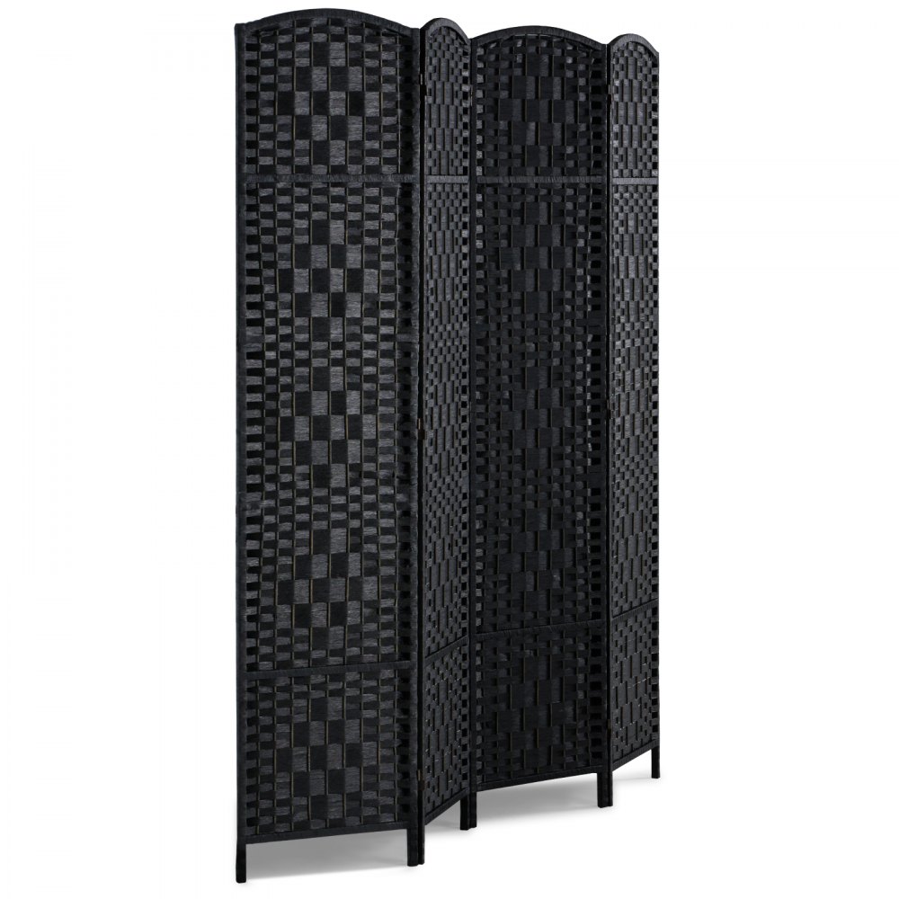 Biombo divisor de ambientes de 4 paneles, tejido a mano, plegable, con bisagras, color negro