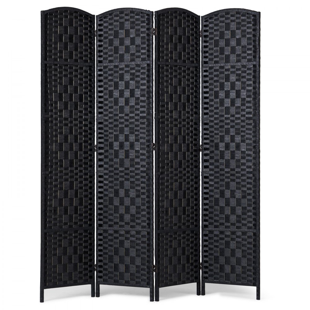 Biombo divisor de ambientes de 4 paneles, tejido a mano, plegable, con bisagras, color negro