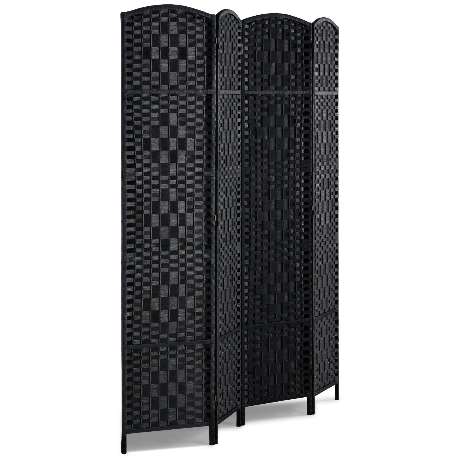 Biombo divisor de ambientes de 4 paneles, tejido a mano, plegable, con bisagras, color negro