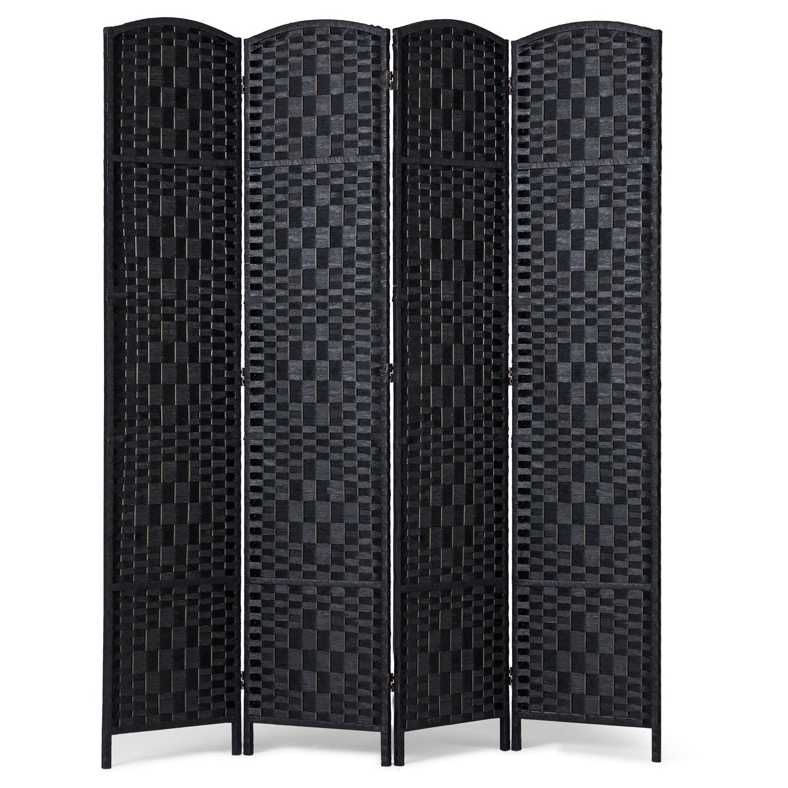 Biombo divisor de ambientes de 4 paneles, tejido a mano, plegable, con bisagras, color negro