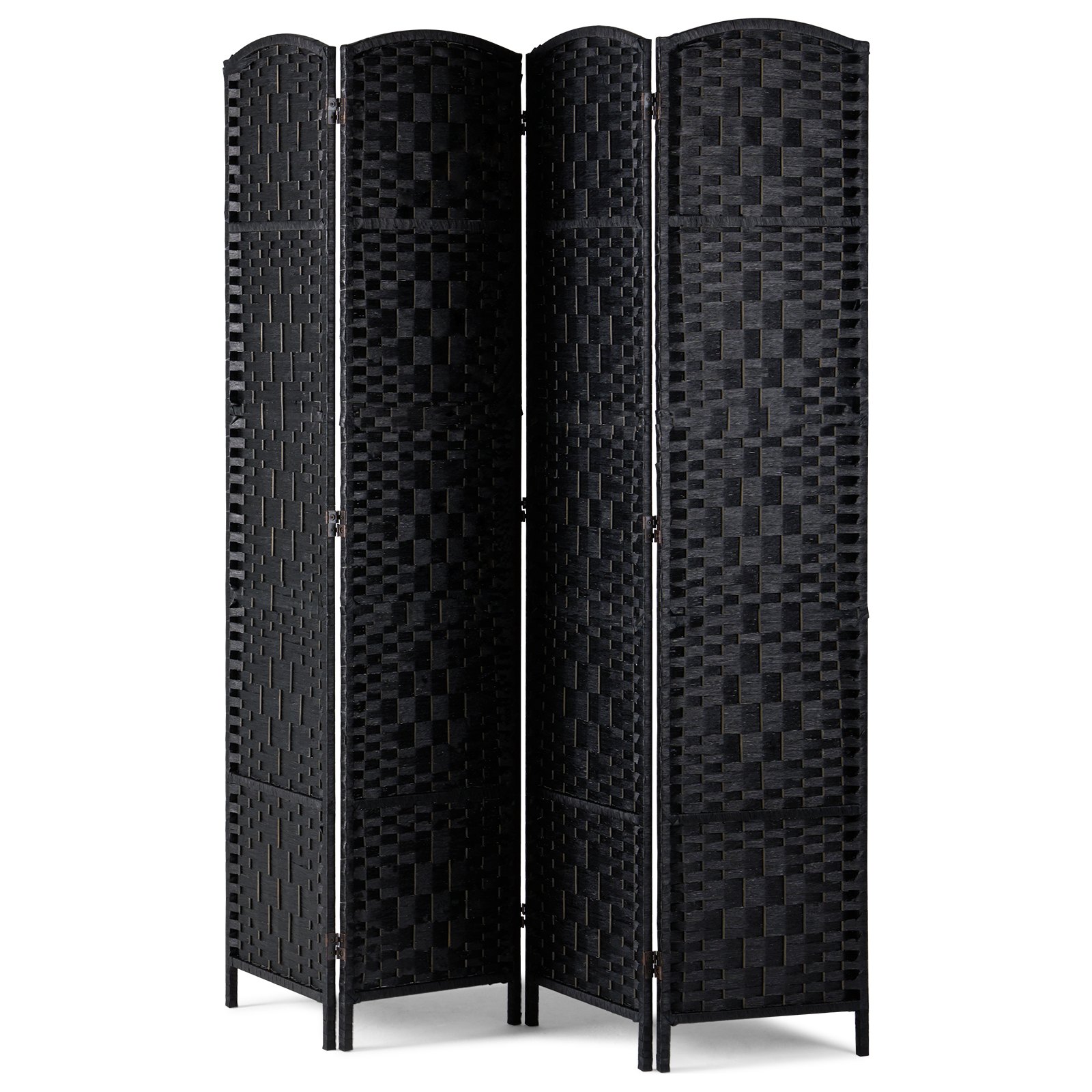 Biombo divisor de ambientes de 4 paneles, tejido a mano, plegable, con bisagras, color negro