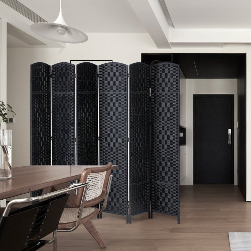 Biombo Separador De 6 Paneles Madera Acacia 420x180 Cm Negro - Divisor Plegable De Ambientes