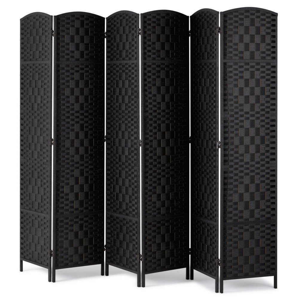 Biombo divisor de ambientes de 6 paneles, tejido a mano, plegable, con bisagras, color negro