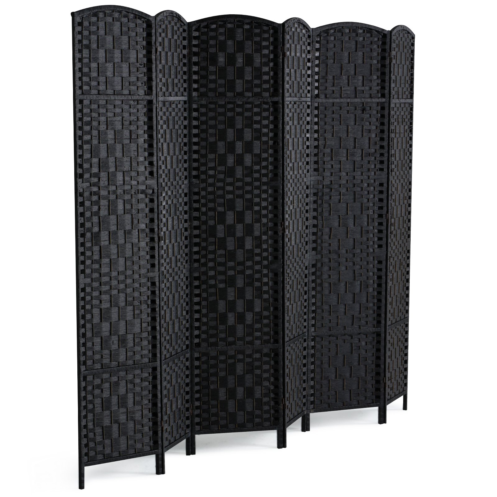 Biombo divisor de ambientes de 6 paneles, tejido a mano, plegable, con bisagras, color negro