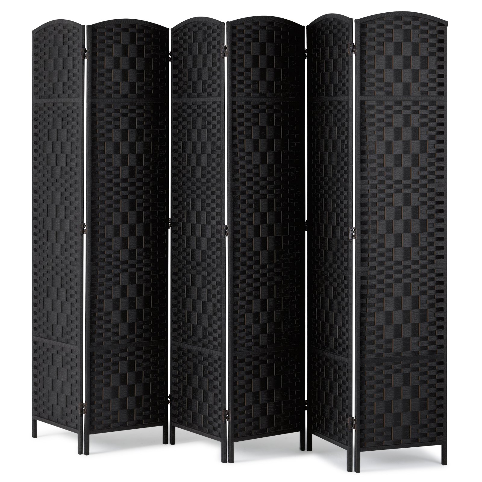 Biombo divisor de ambientes de 6 paneles, tejido a mano, plegable, con bisagras, color negro