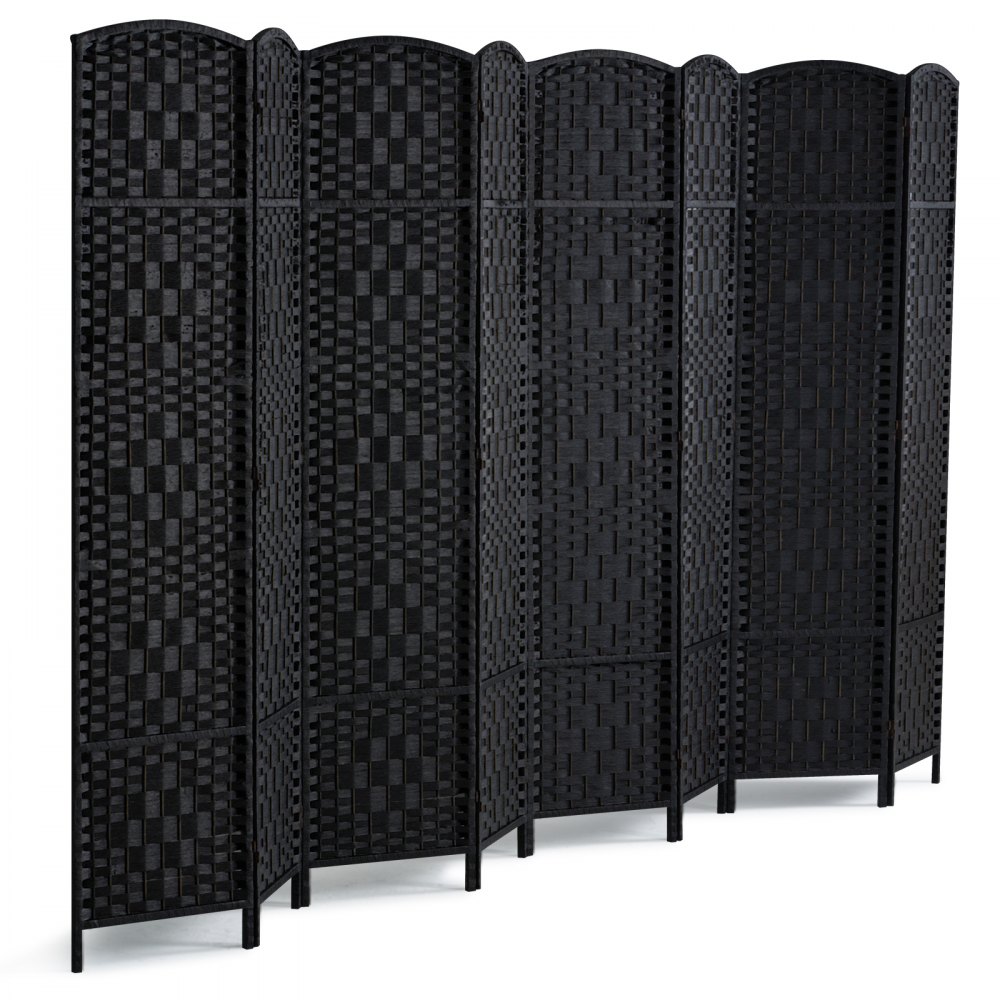 Biombo divisor de ambientes de 8 paneles, tejido a mano, plegable, con bisagras, color negro