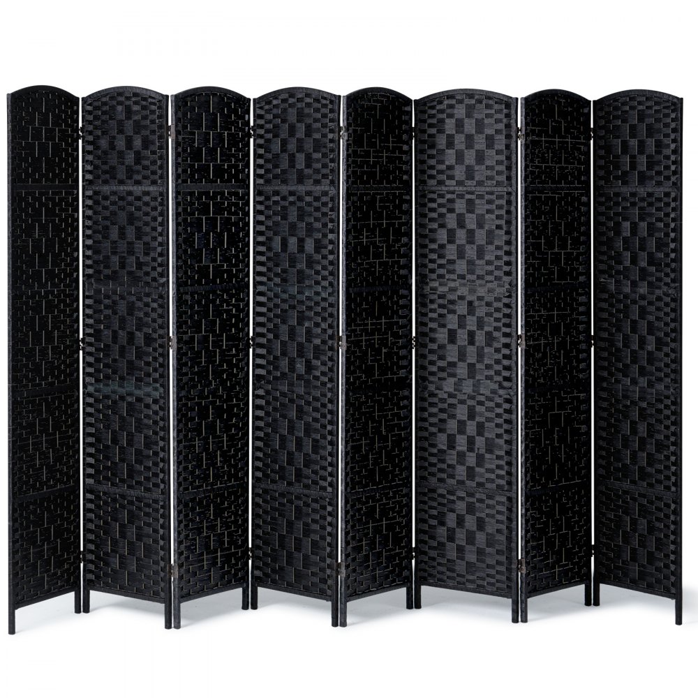 Biombo divisor de ambientes de 8 paneles, tejido a mano, plegable, con bisagras, color negro