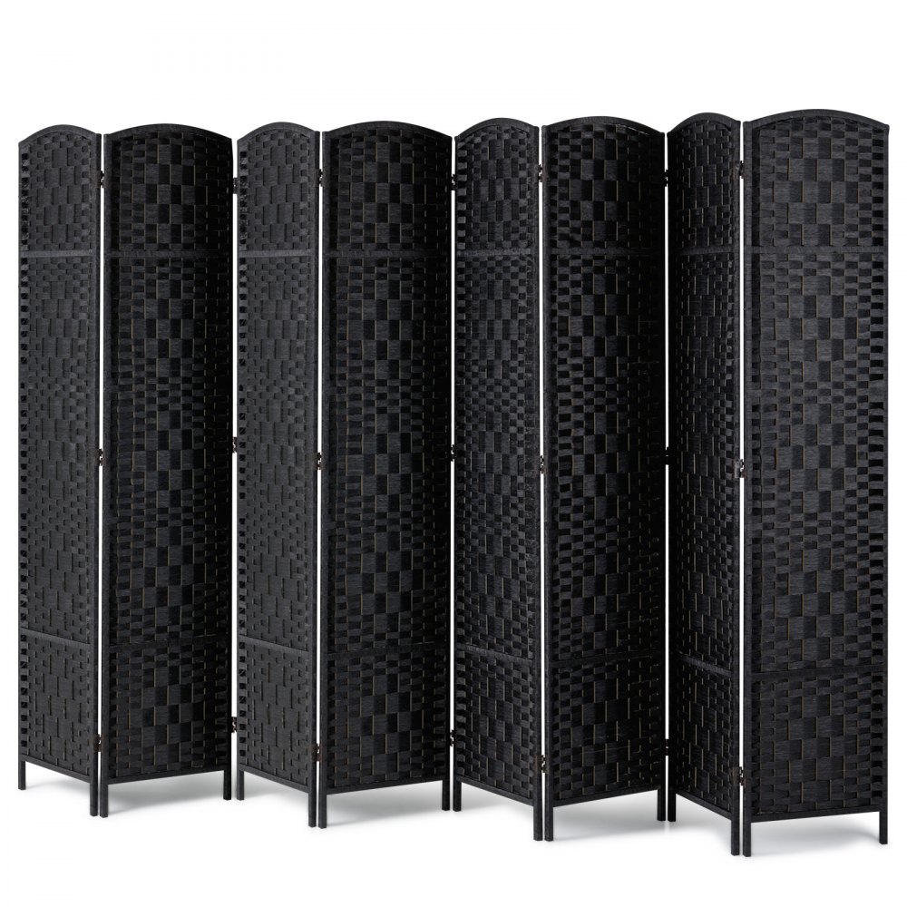 Biombo divisor de ambientes de 8 paneles, tejido a mano, plegable, con bisagras, color negro