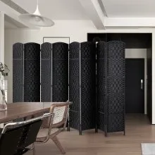 Biombo divisor de ambientes de 8 paneles, tejido a mano, plegable, con bisagras, color negro