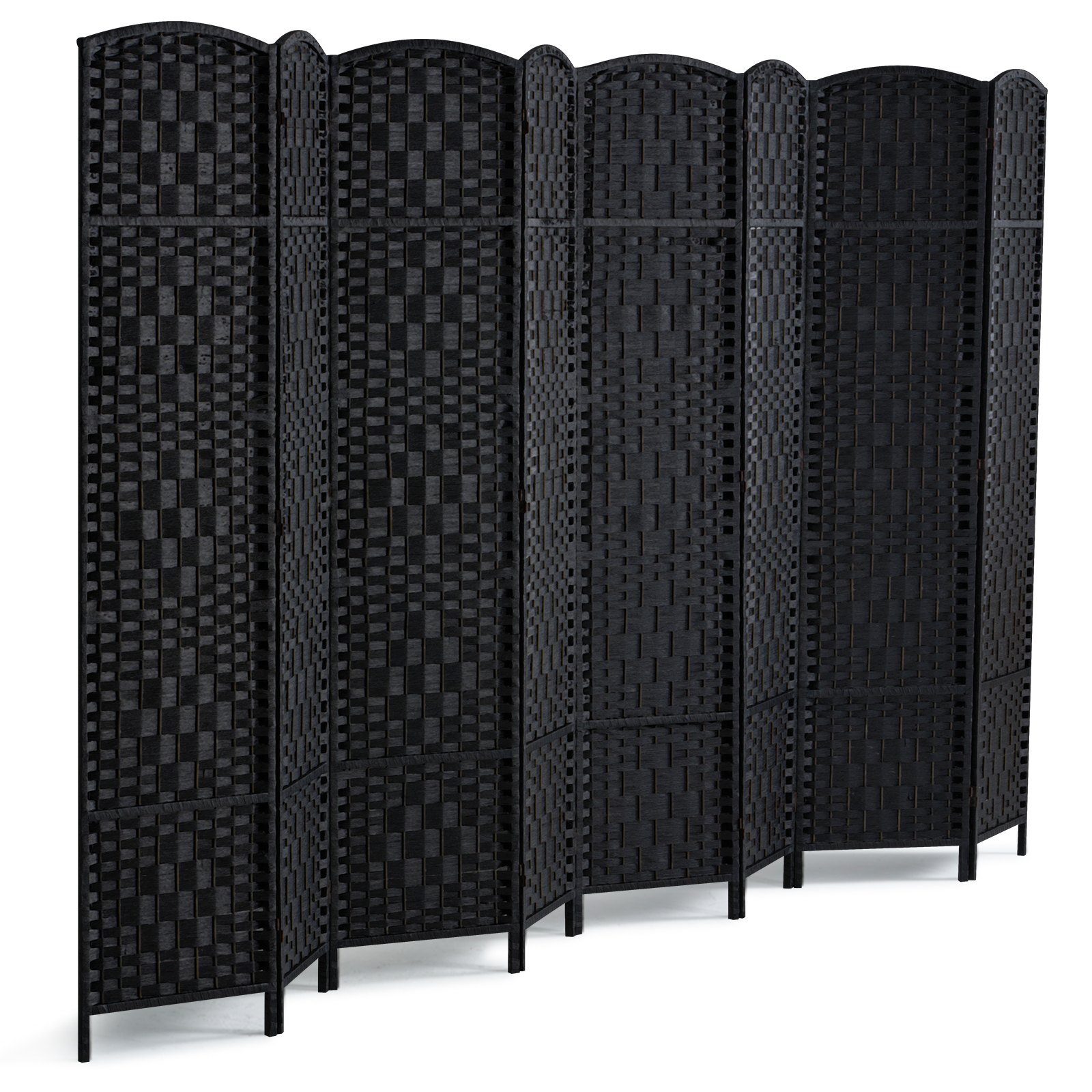 Biombo divisor de ambientes de 8 paneles, tejido a mano, plegable, con bisagras, color negro