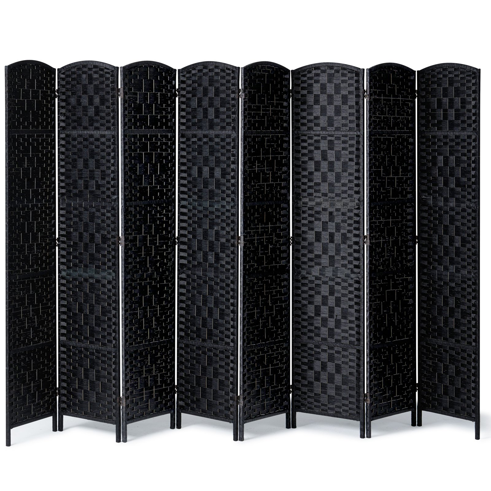 Biombo divisor de ambientes de 8 paneles, tejido a mano, plegable, con bisagras, color negro