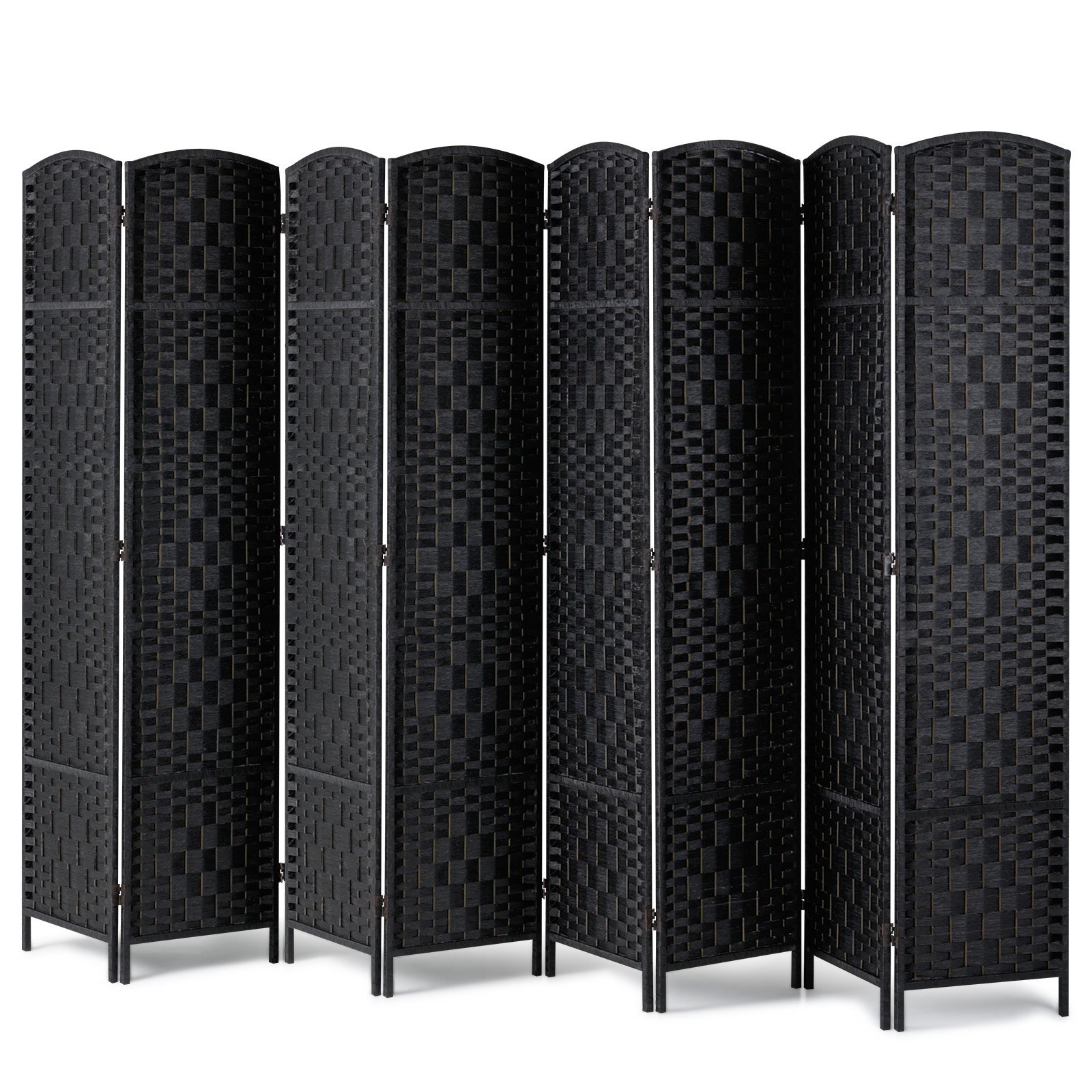 Biombo divisor de ambientes de 8 paneles, tejido a mano, plegable, con bisagras, color negro