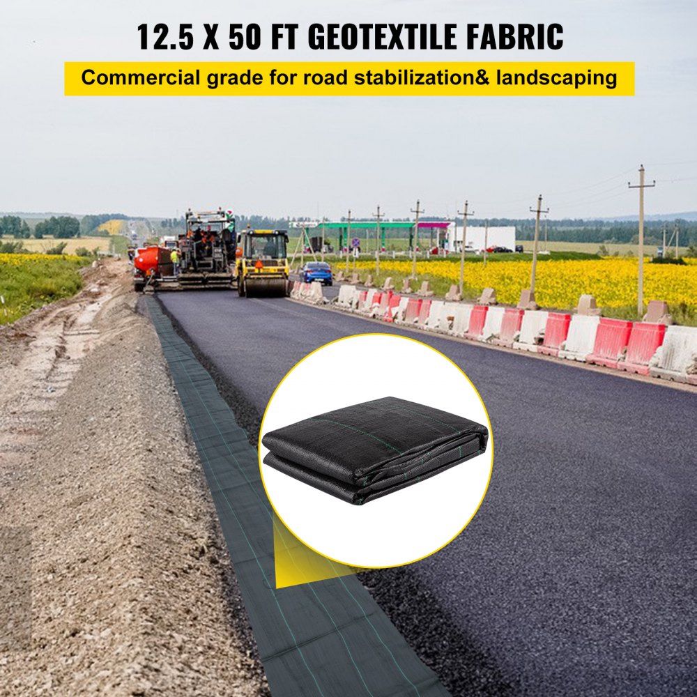Tejido geotextil VEVOR para estabilización de carreteras y paisajismo en zonas de construcción.