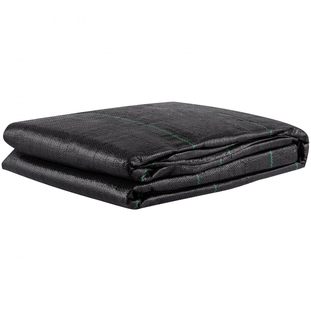 Tejido geotextil VEVOR plegado en color negro con líneas verdes.
