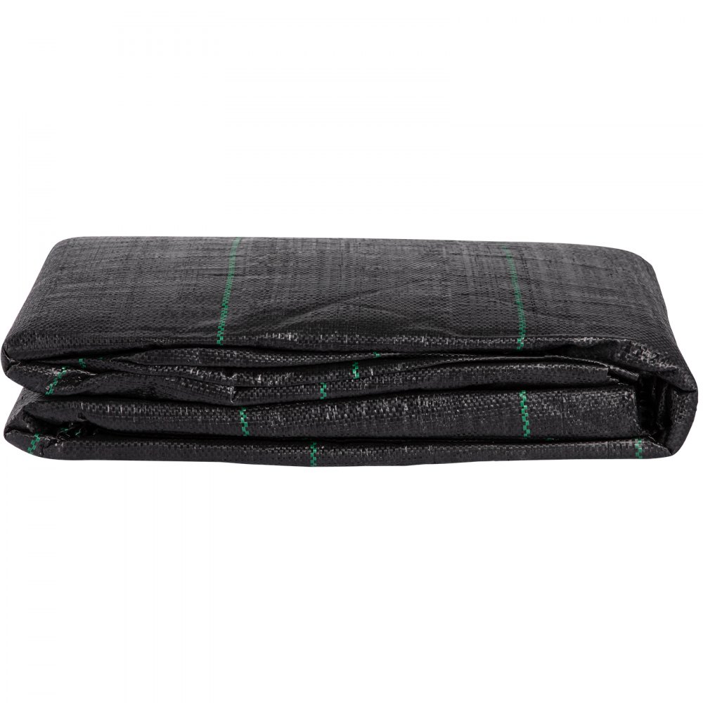 Tejido geotextil VEVOR negro doblado con líneas verdes sobre fondo blanco.