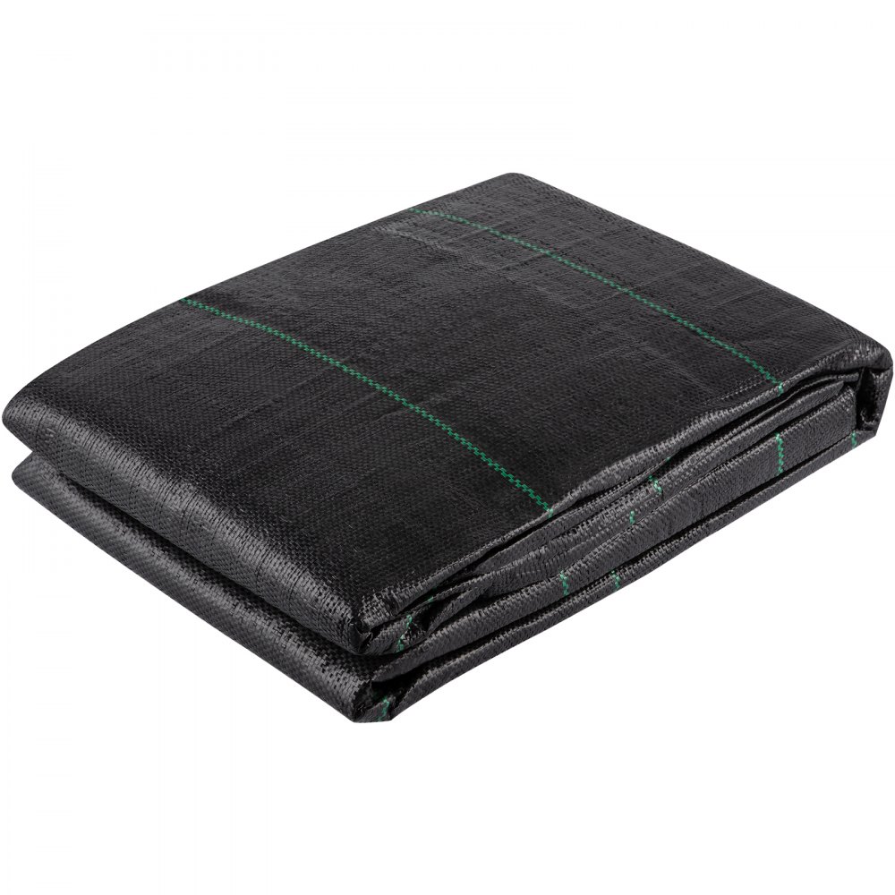 Tejido geotextil VEVOR plegado con líneas de cuadrícula verdes sobre fondo blanco.