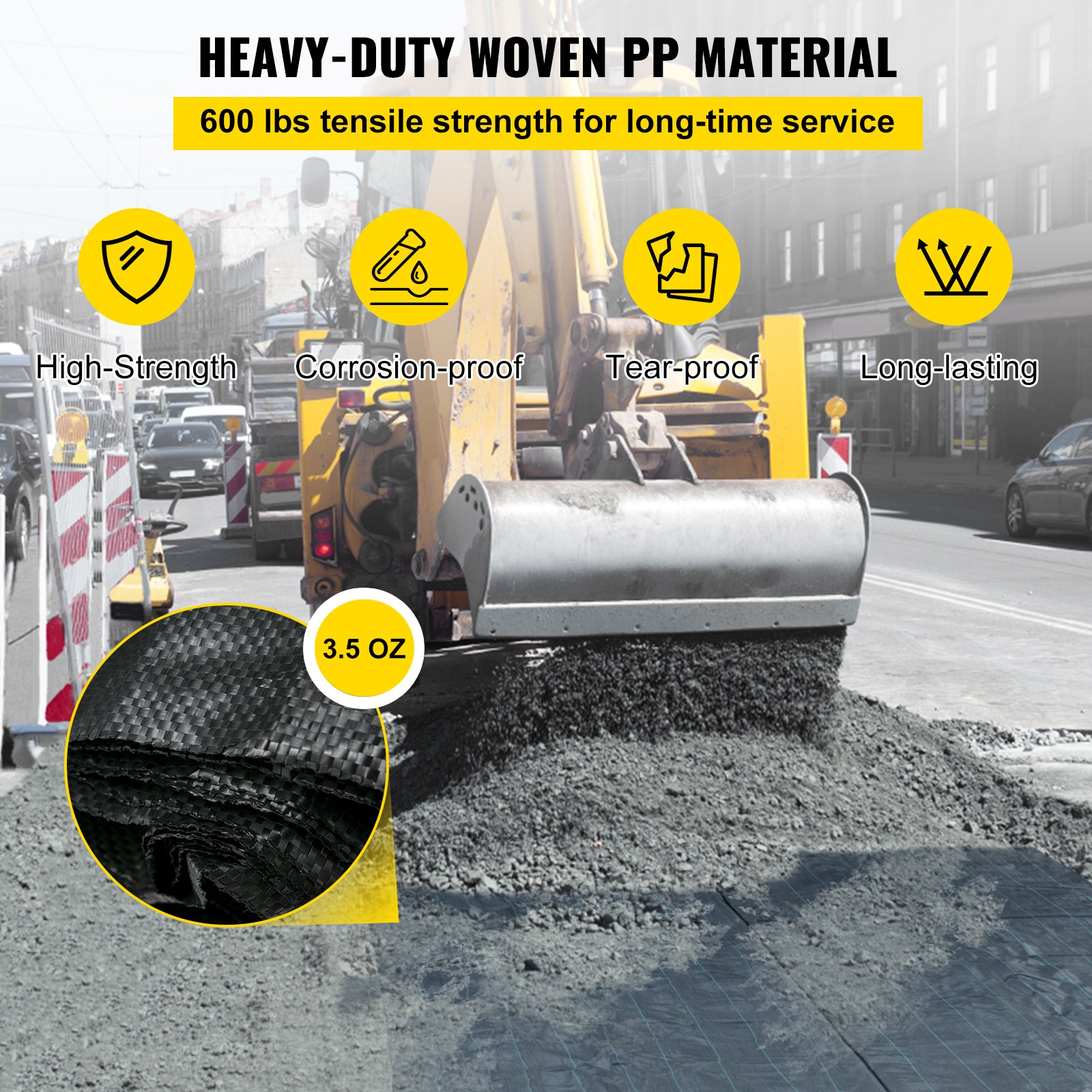 Tejido geotextil VEVOR en la construcción de carreteras; de alta resistencia, a prueba de corrosión y a prueba de desgarro.