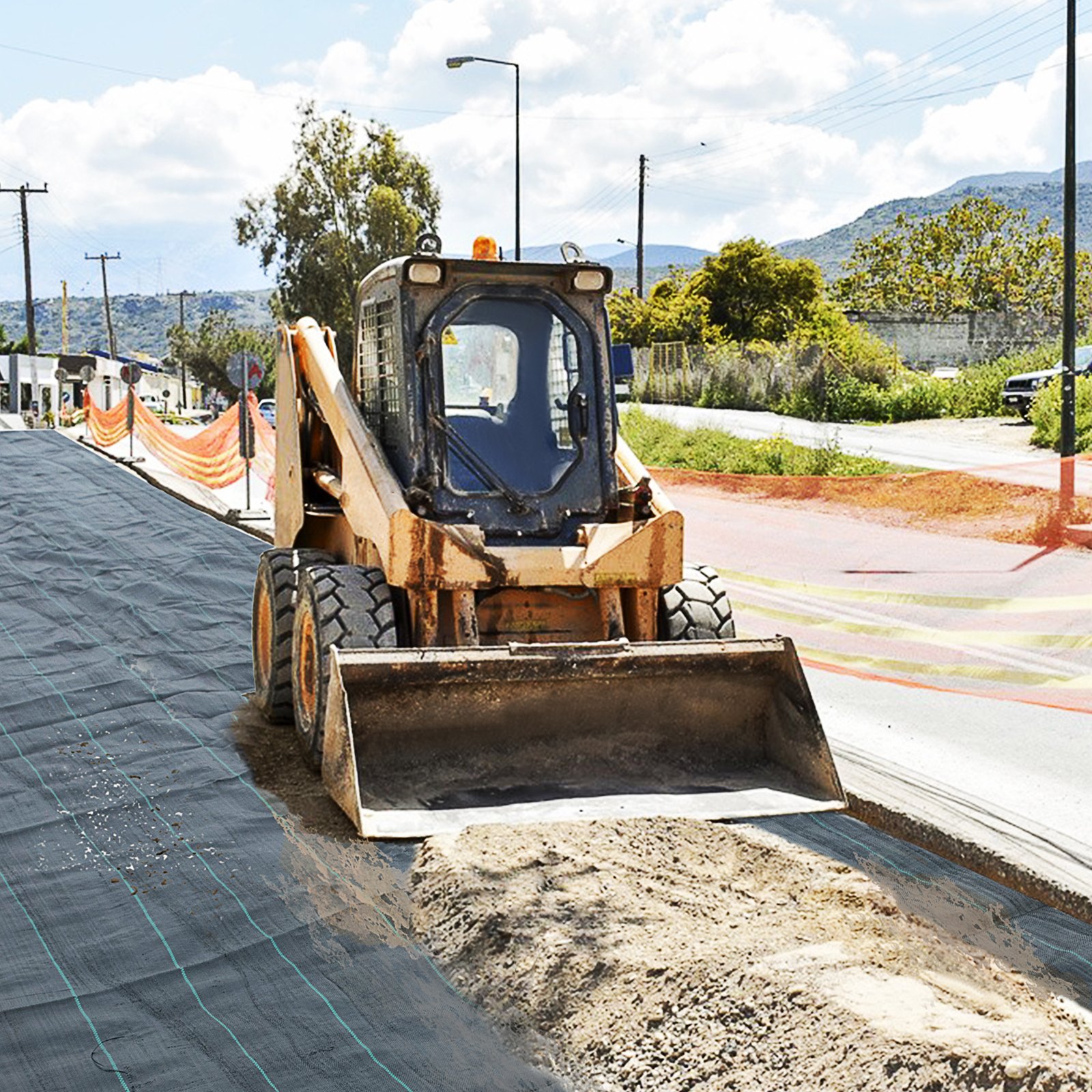 Bulldozer aplanando tierra sobre tejido geotextil VEVOR en un sitio de construcción soleado.