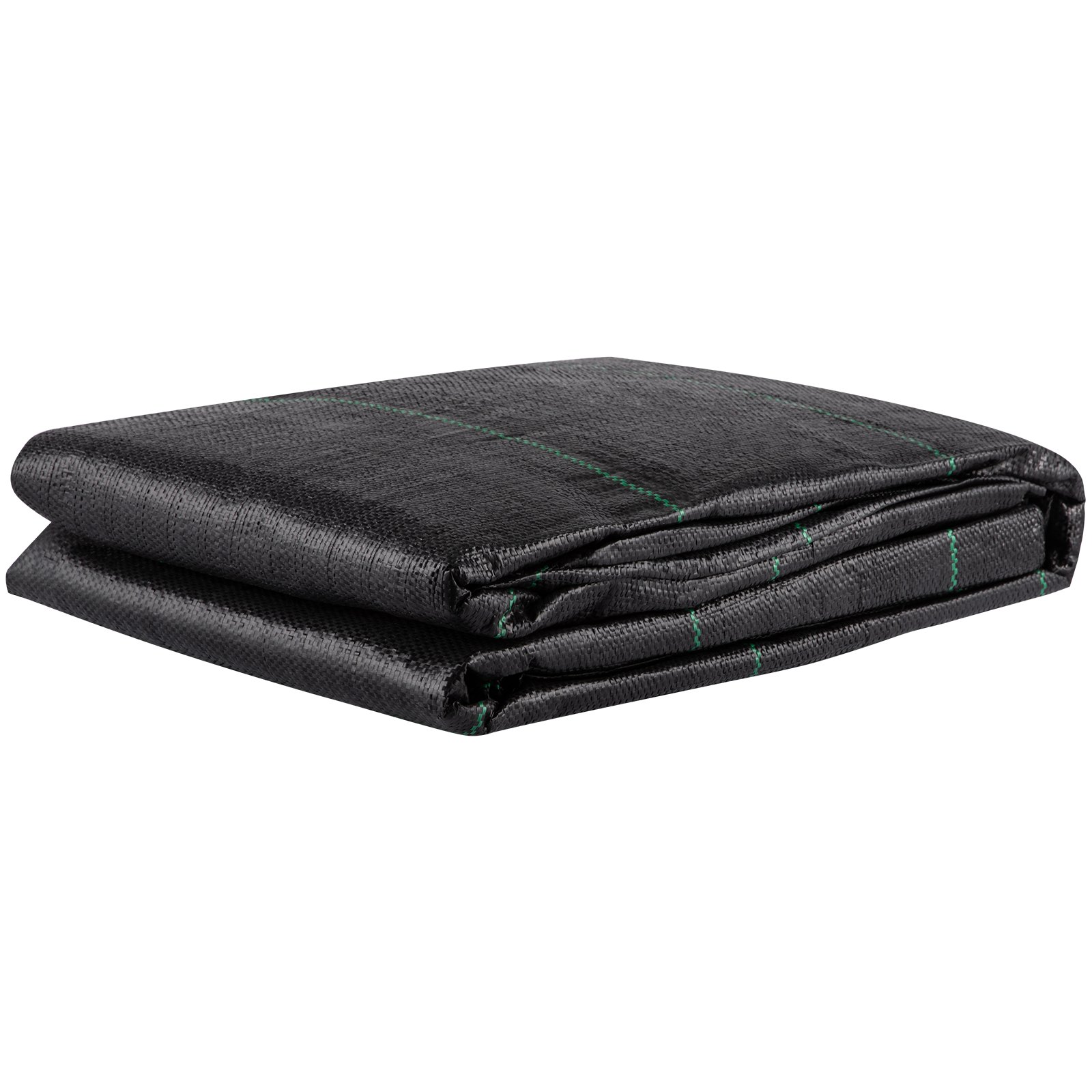 Tejido geotextil VEVOR plegado en color negro con líneas verdes.