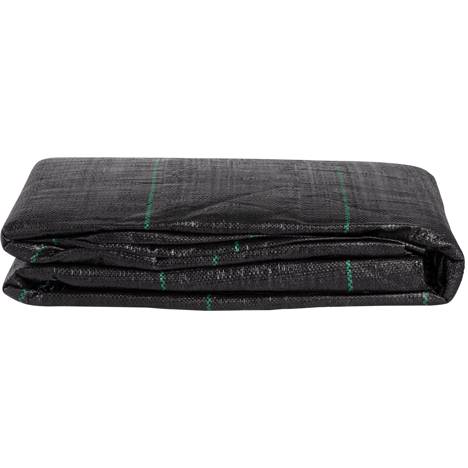 Tejido geotextil VEVOR negro doblado con líneas verdes sobre fondo blanco.