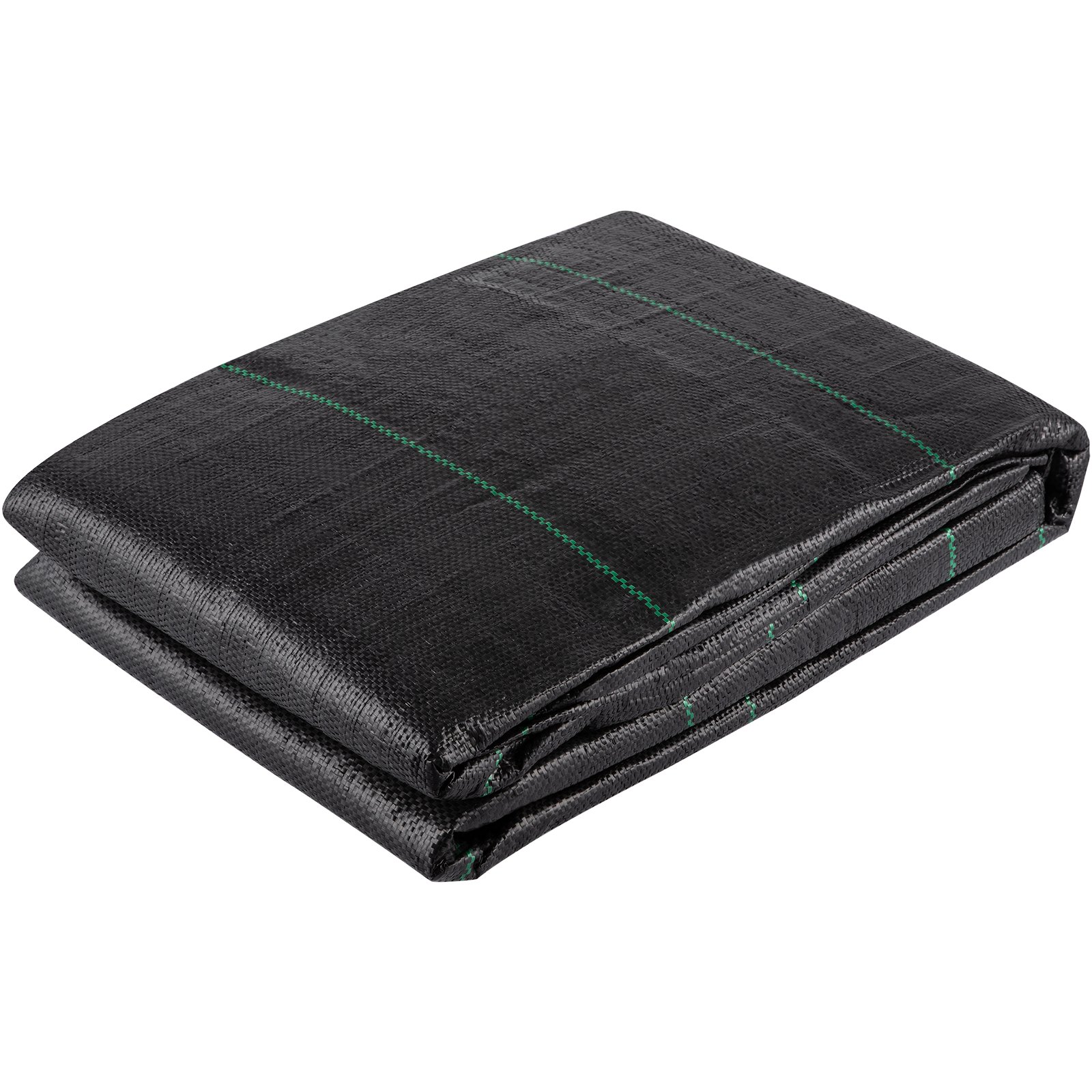 Tejido geotextil VEVOR plegado con líneas de cuadrícula verdes sobre fondo blanco.