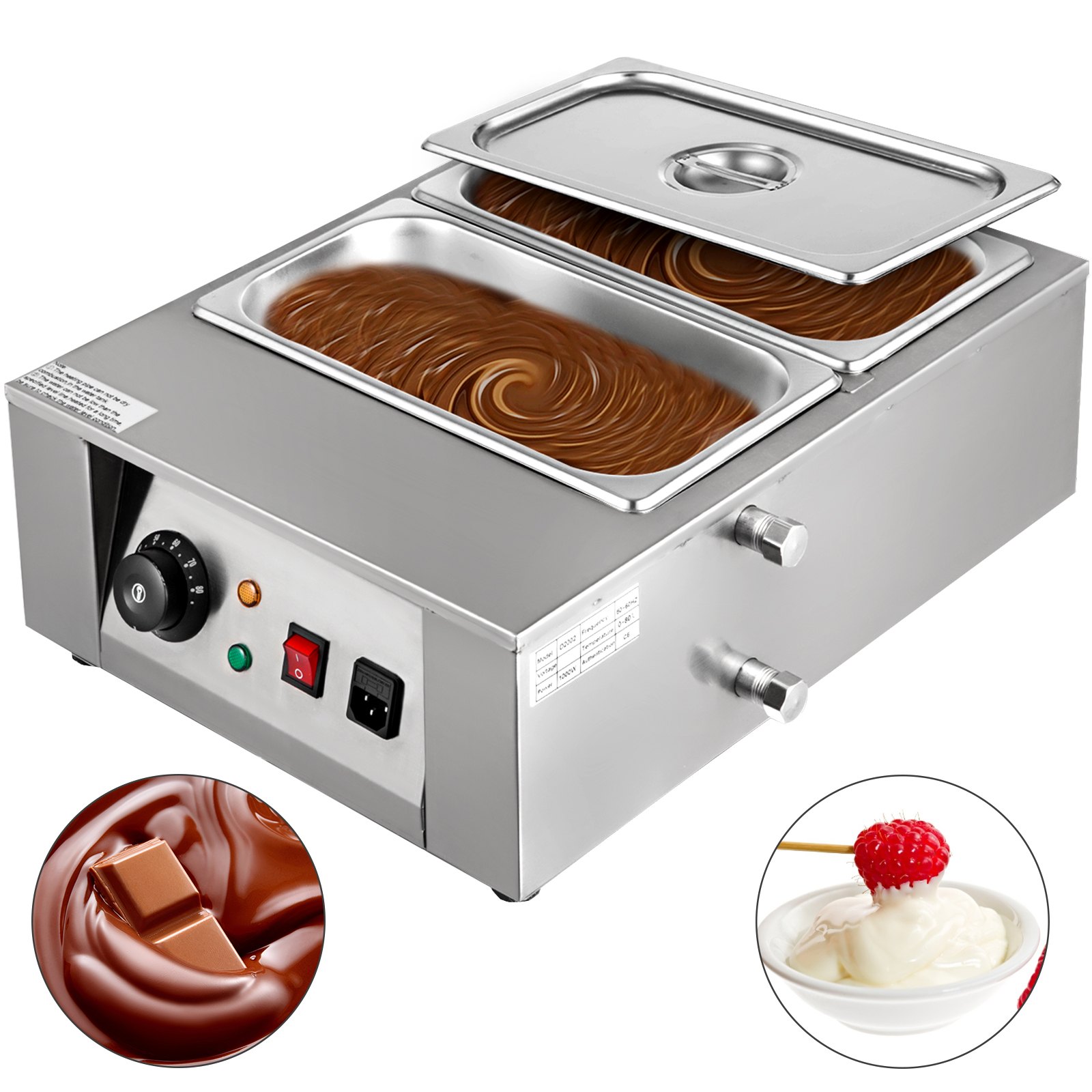 Máquina templadora de chocolate VEVOR de 17,6 libras, máquina para derretir chocolate con control de temperatura (0~80 ℃/32~176 ℉), calentador de alimentos comercial eléctrico de 1000 W para derretir y calentar chocolate/leche/crema/sopa, 2 tanques.