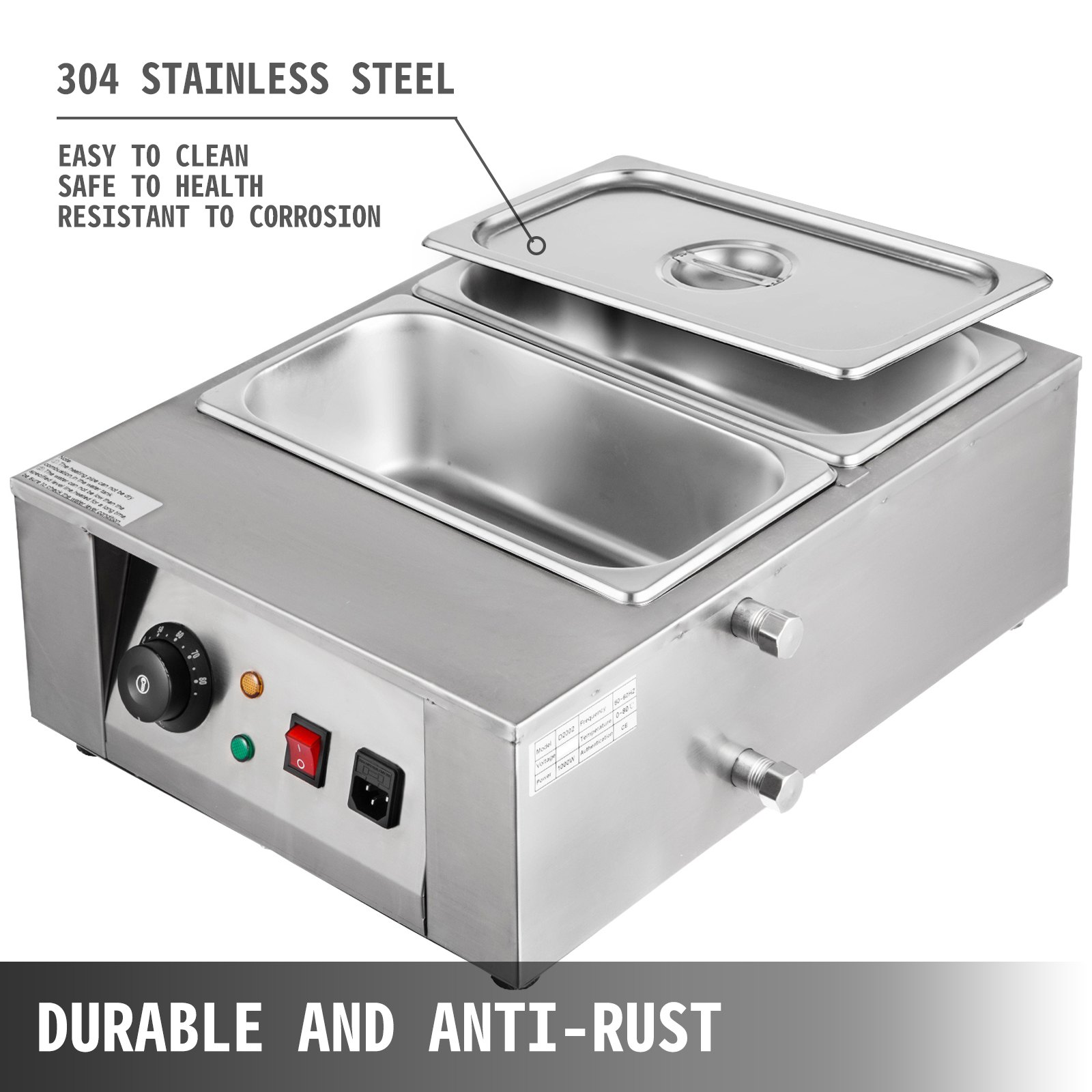 Máquina templadora de chocolate VEVOR de 17,6 libras, máquina para derretir chocolate con control de temperatura (0~80 ℃/32~176 ℉), calentador de alimentos comercial eléctrico de 1000 W para derretir y calentar chocolate/leche/crema/sopa, 2 tanques.