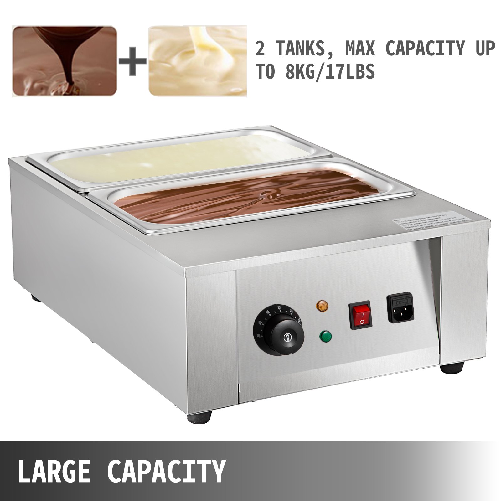 Máquina templadora de chocolate VEVOR de 17,6 libras, máquina para derretir chocolate con control de temperatura (0~80 ℃/32~176 ℉), calentador de alimentos comercial eléctrico de 1000 W para derretir y calentar chocolate/leche/crema/sopa, 2 tanques.