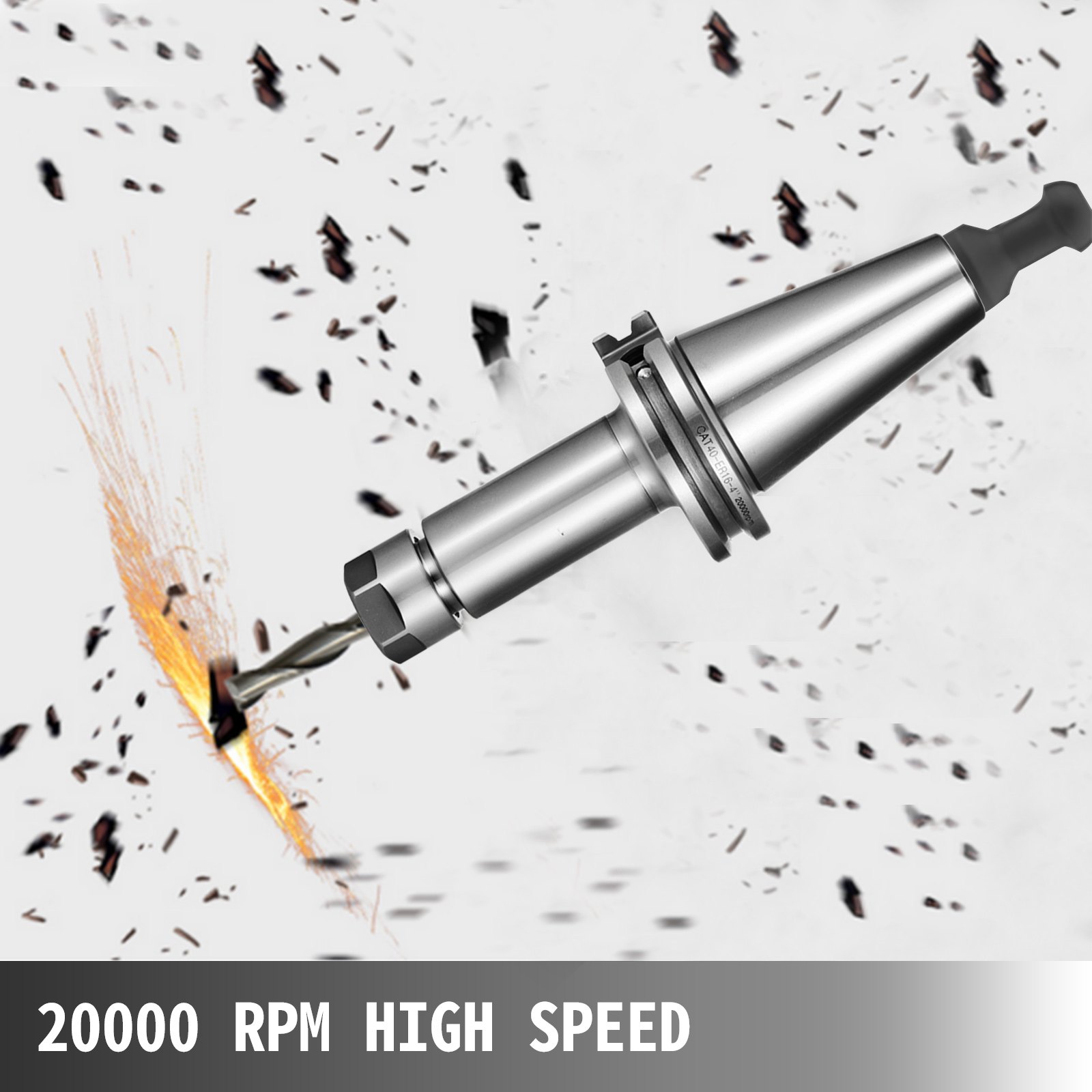 Juego de portaherramientas VEVOR cat40 que gira con chispas y virutas de metal, alta velocidad de 20000 rpm.