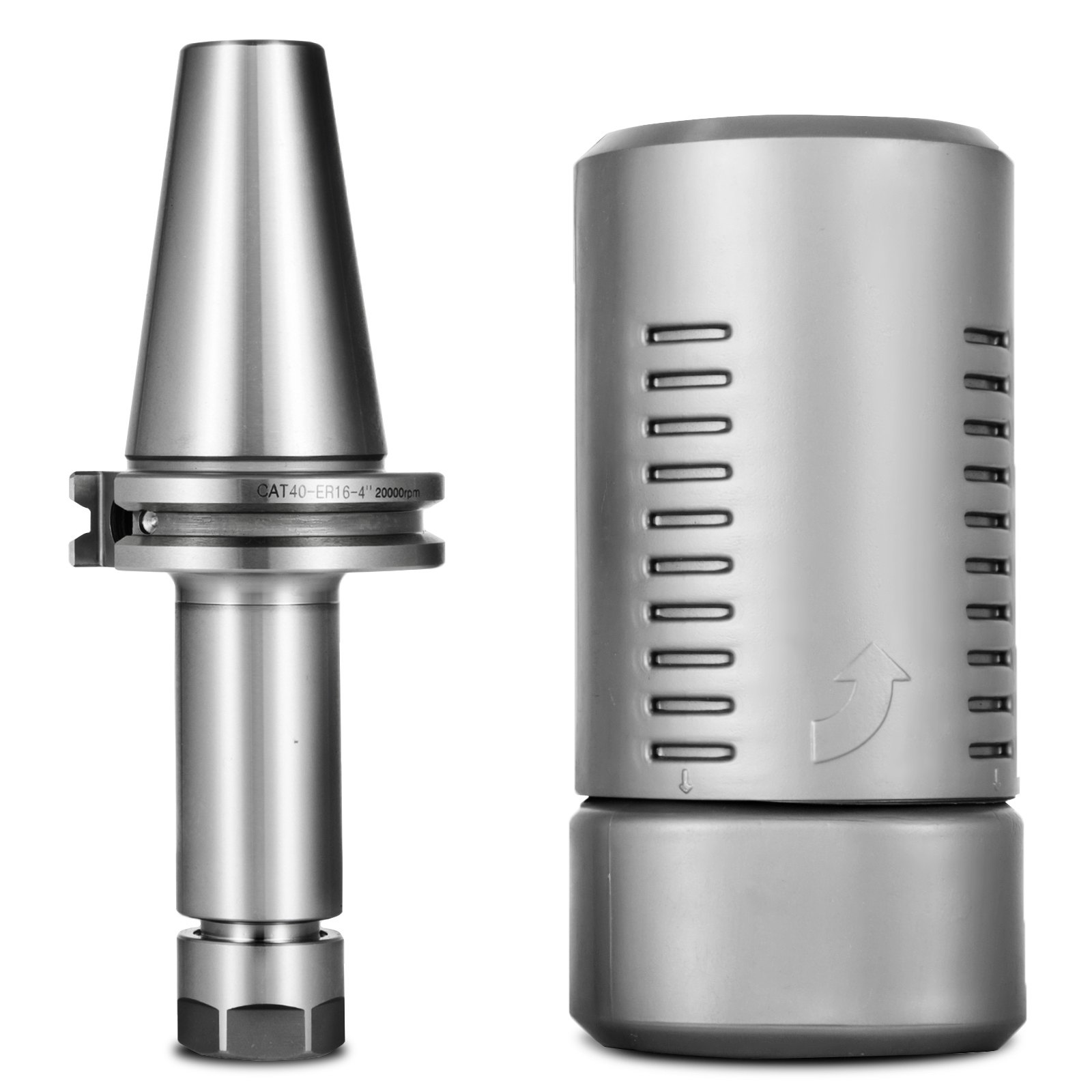 Juego de portaherramientas VEVOR cat40 con pinza er16 y cubierta protectora en acero elegante.