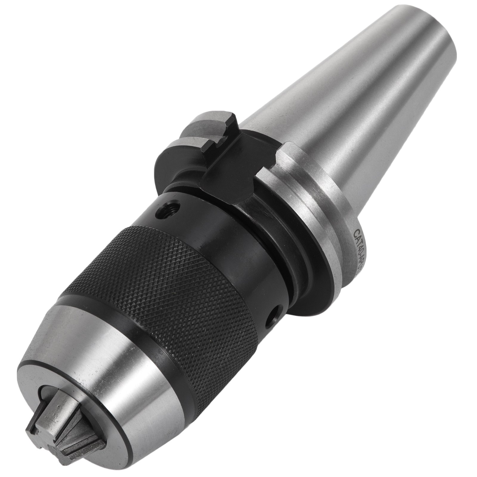 Portabrocas VEVOR cat40 en acero y acabado negro, con agarre y herramientas de precisión.