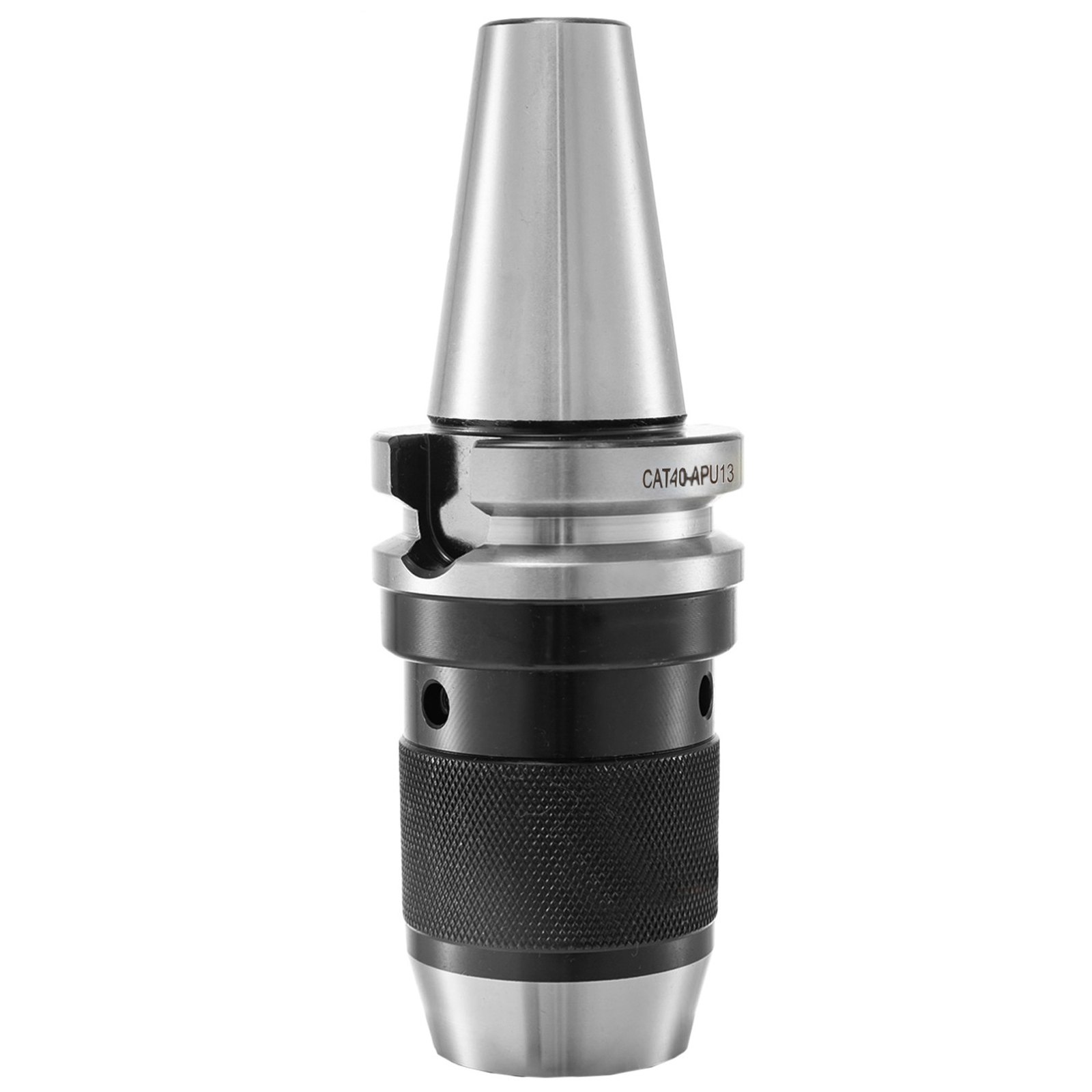 Portabrocas VEVOR cat40 en color plata y negro con sección de agarre moleteada.
