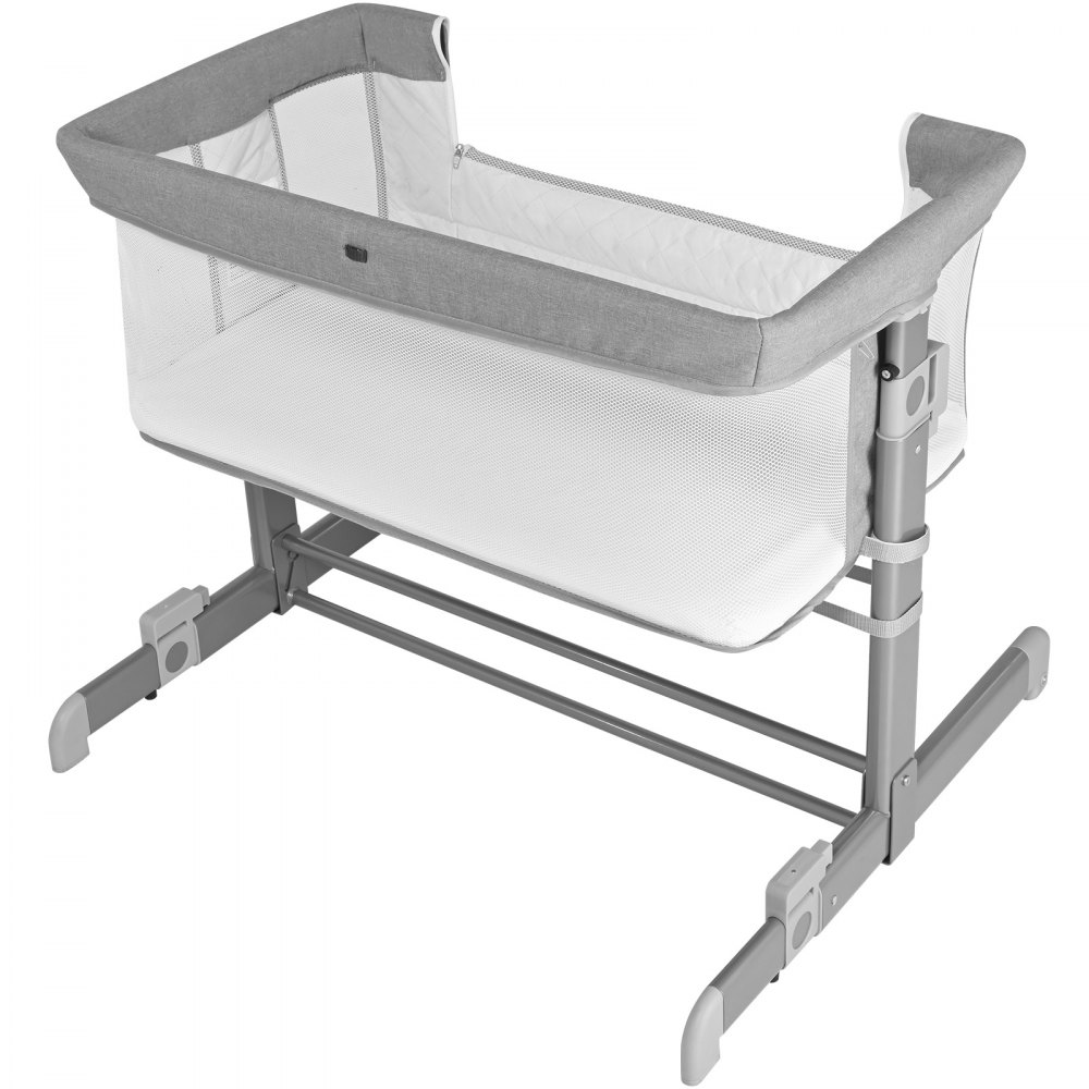 Cuna de bebé VEVOR gris con altura ajustable y laterales de malla transpirable.
