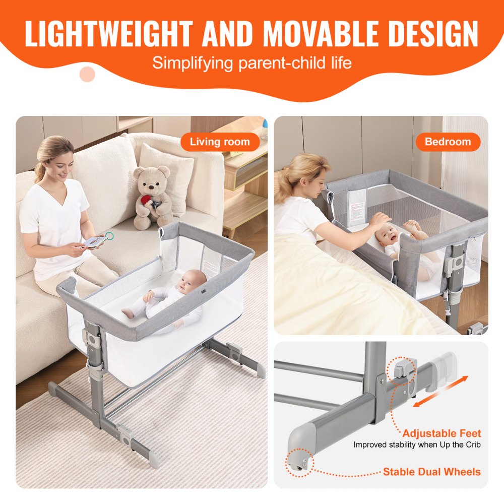 Cuna de bebé VEVOR, altura ajustable en 5 niveles, cuna de bebé con colchón cómodo y ruedas, cuna de bebé con mosquitera y apertura lateral para recién nacidos (niña y niño)