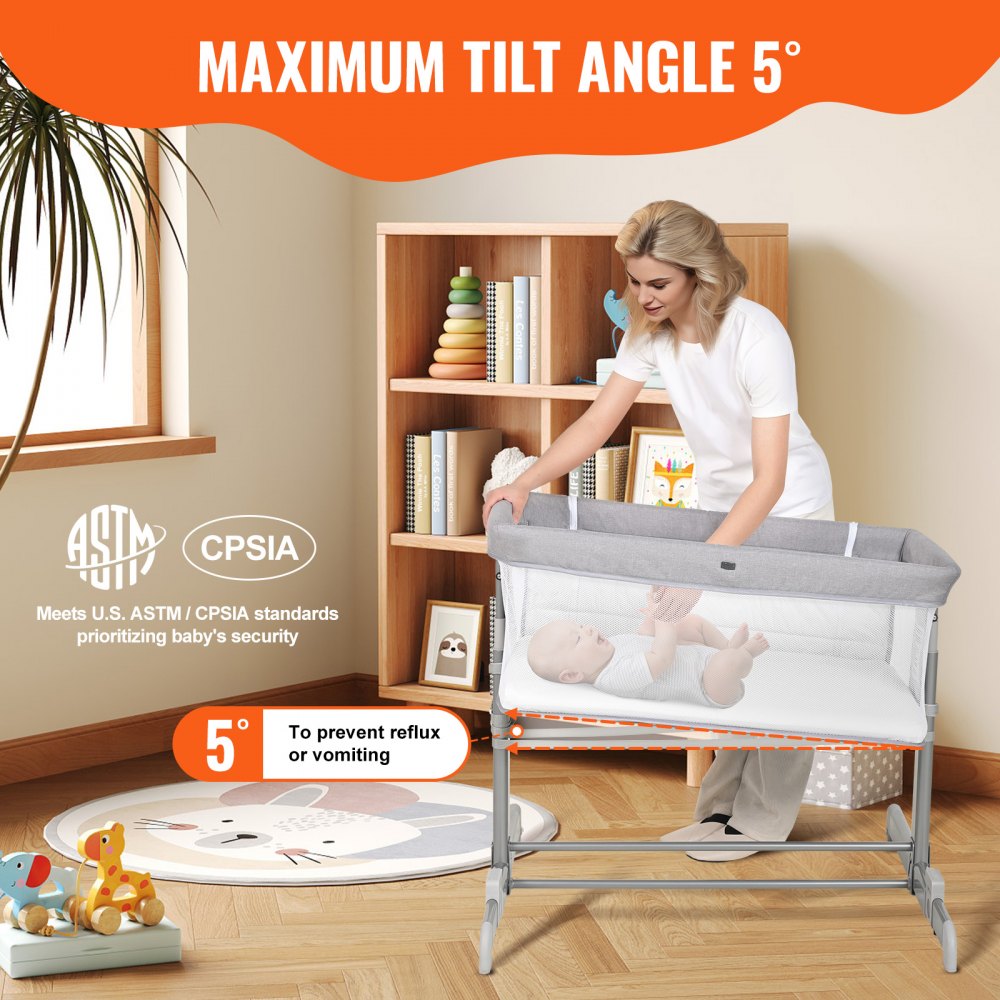 Cuna de bebé VEVOR, altura ajustable en 5 niveles, cuna de bebé con colchón cómodo y ruedas, cuna de bebé con mosquitera y apertura lateral para recién nacidos (niña y niño)