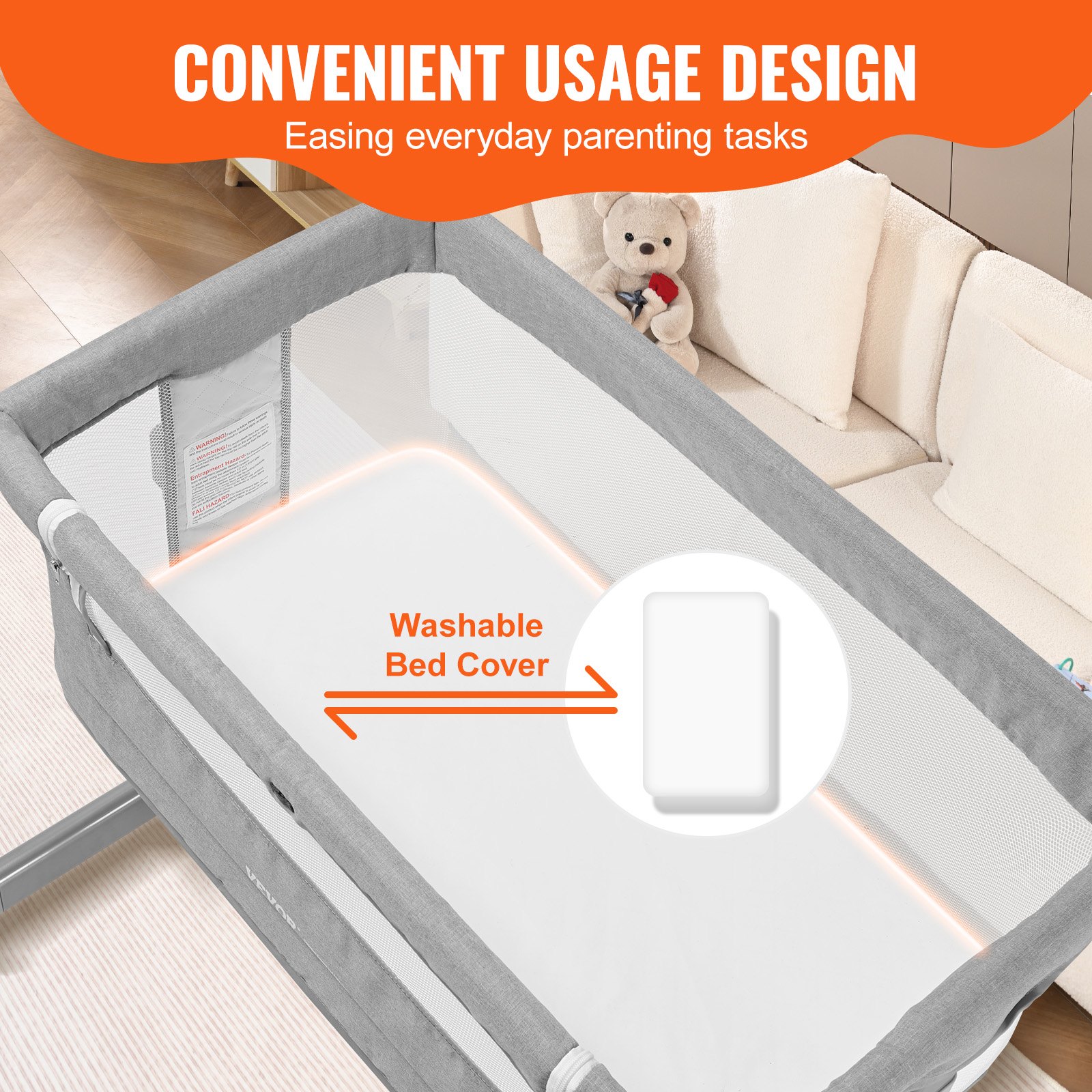 Cuna para bebé VEVOR con funda de cama lavable y diseño de uso cómodo para facilitar las tareas de crianza.