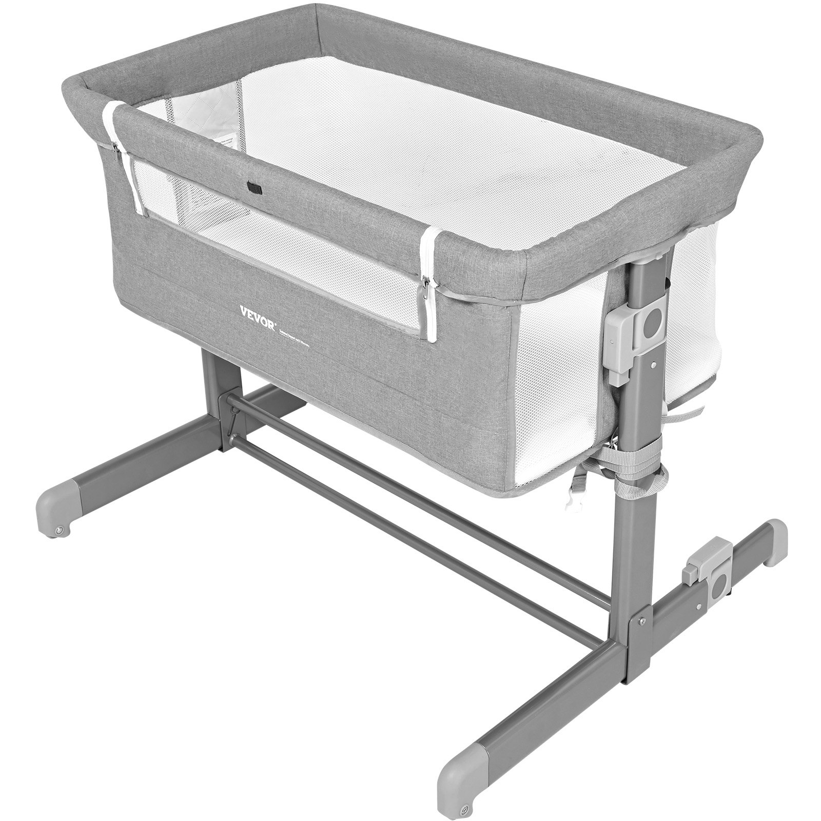 Cuna de bebé VEVOR gris con soporte ajustable y laterales de malla transpirable.