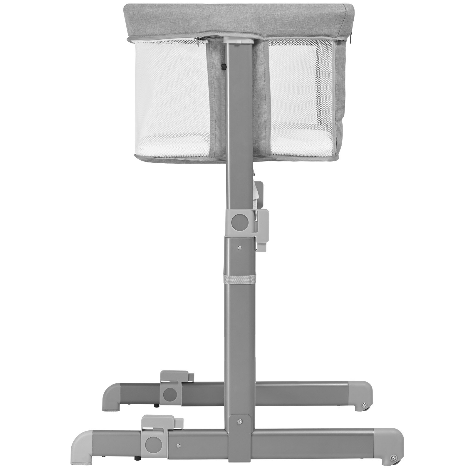 Cuna de bebé VEVOR con altura regulable, laterales de malla y estructura de metal resistente en color gris claro.