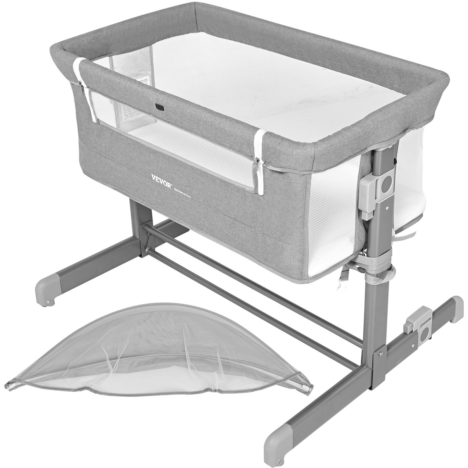 Cuna para bebé VEVOR en color gris con paneles laterales de malla y altura ajustable para un fácil acceso junto a la cama.