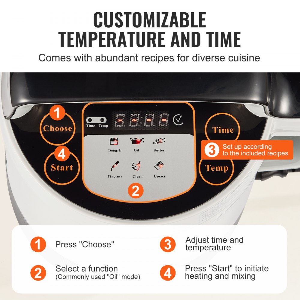 Máquina infusora de mantequilla VEVOR con configuraciones de tiempo y temperatura personalizables y diversas opciones de recetas.