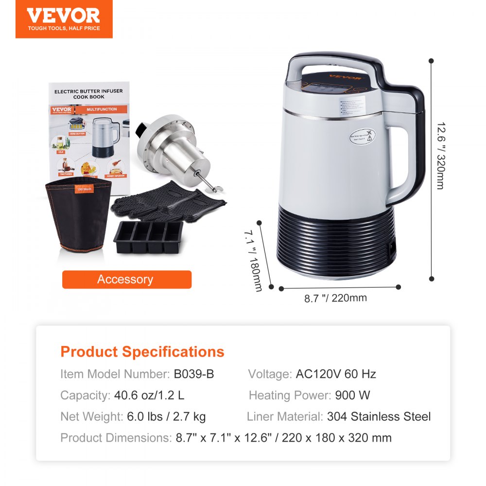 Máquina infusora de mantequilla VEVOR con accesorios, dimensiones y especificaciones del producto.