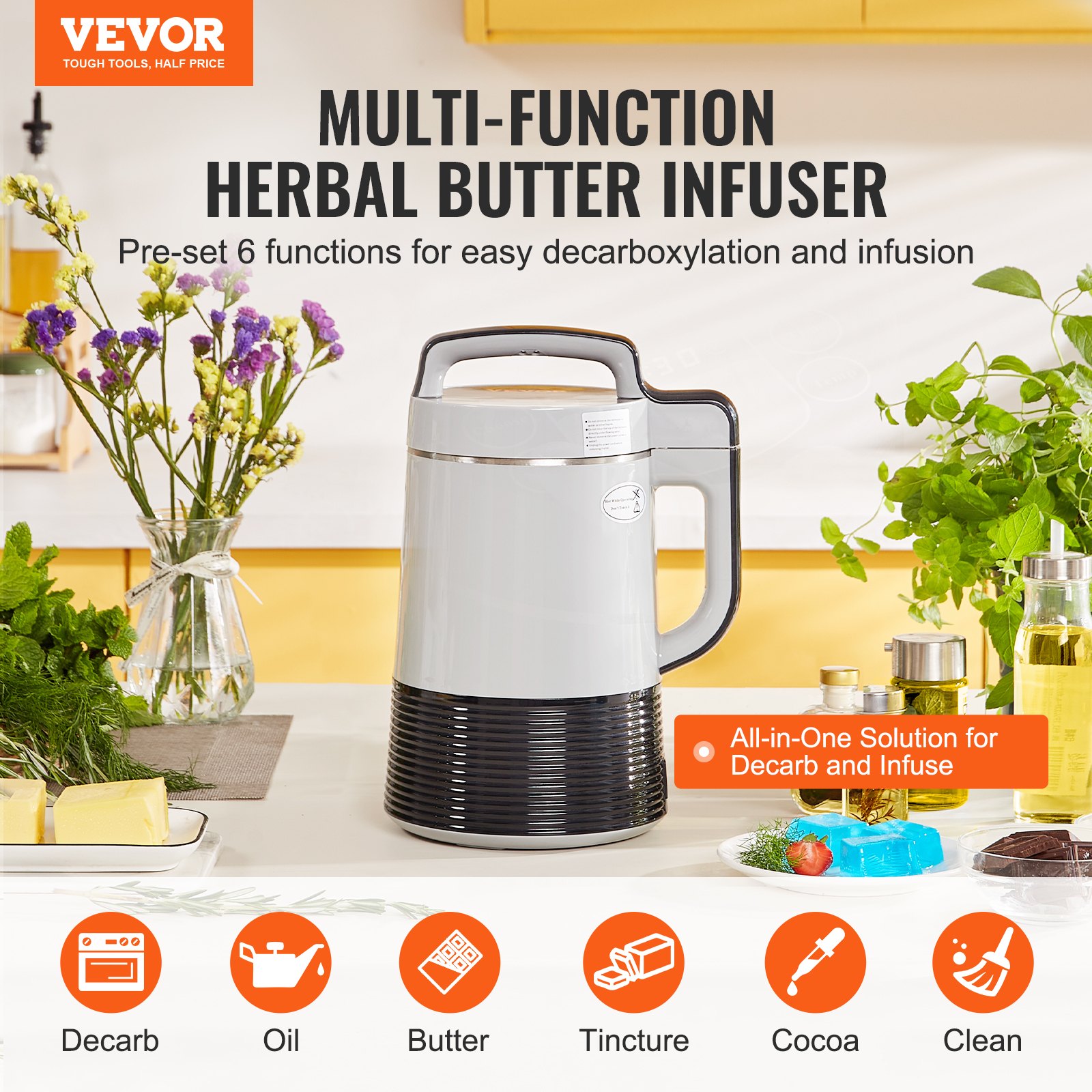 Máquina infusora de mantequilla VEVOR con seis funciones preestablecidas para descarboxilar, aceite, mantequilla, cacao, tintura y limpieza.