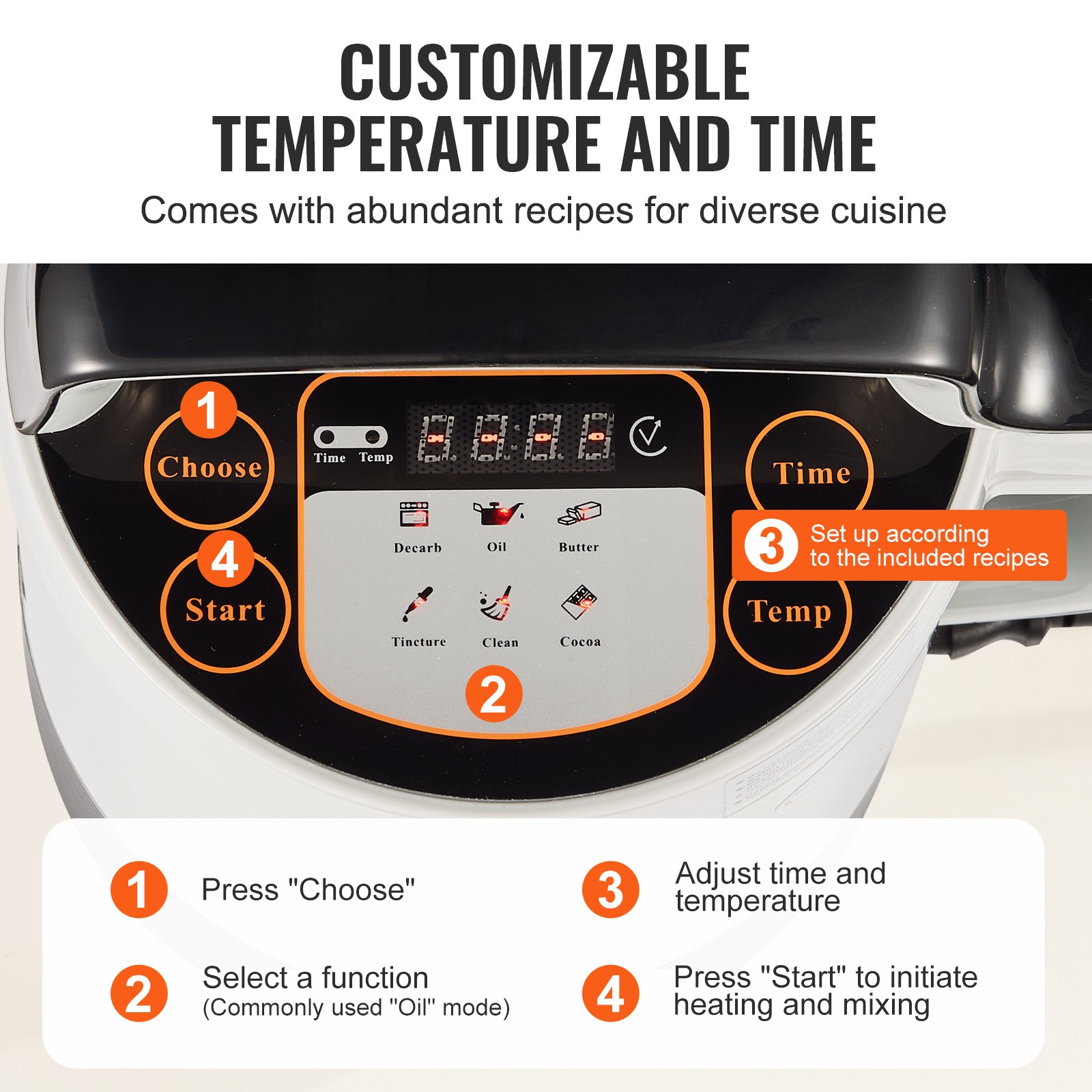 Máquina infusora de mantequilla VEVOR con configuraciones de tiempo y temperatura personalizables y diversas opciones de recetas.