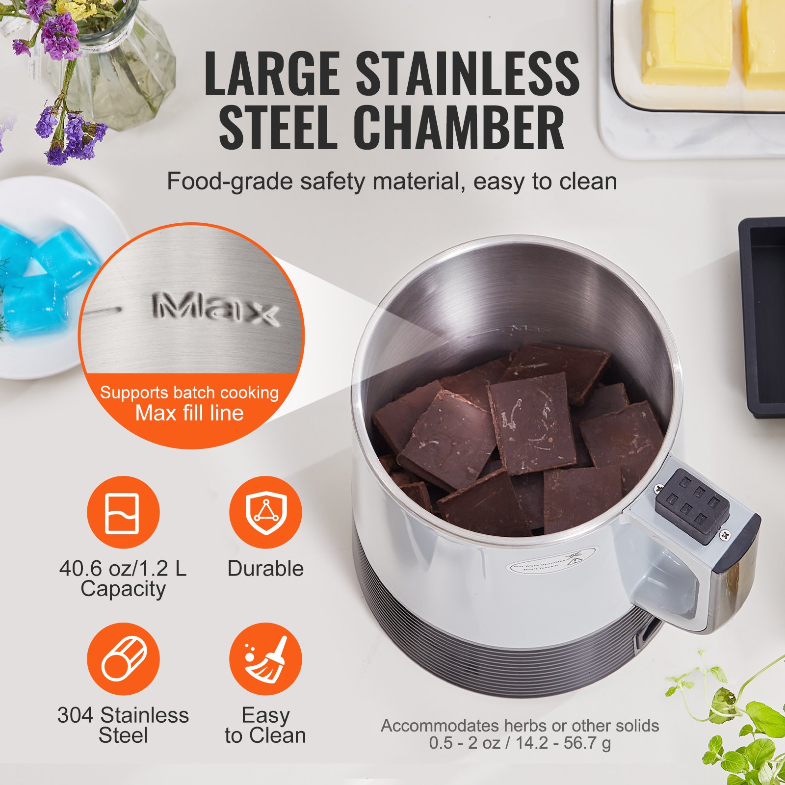Máquina infusora de mantequilla VEVOR con cámara grande de acero inoxidable, línea de llenado máximo y capacidad de 40,6 oz.