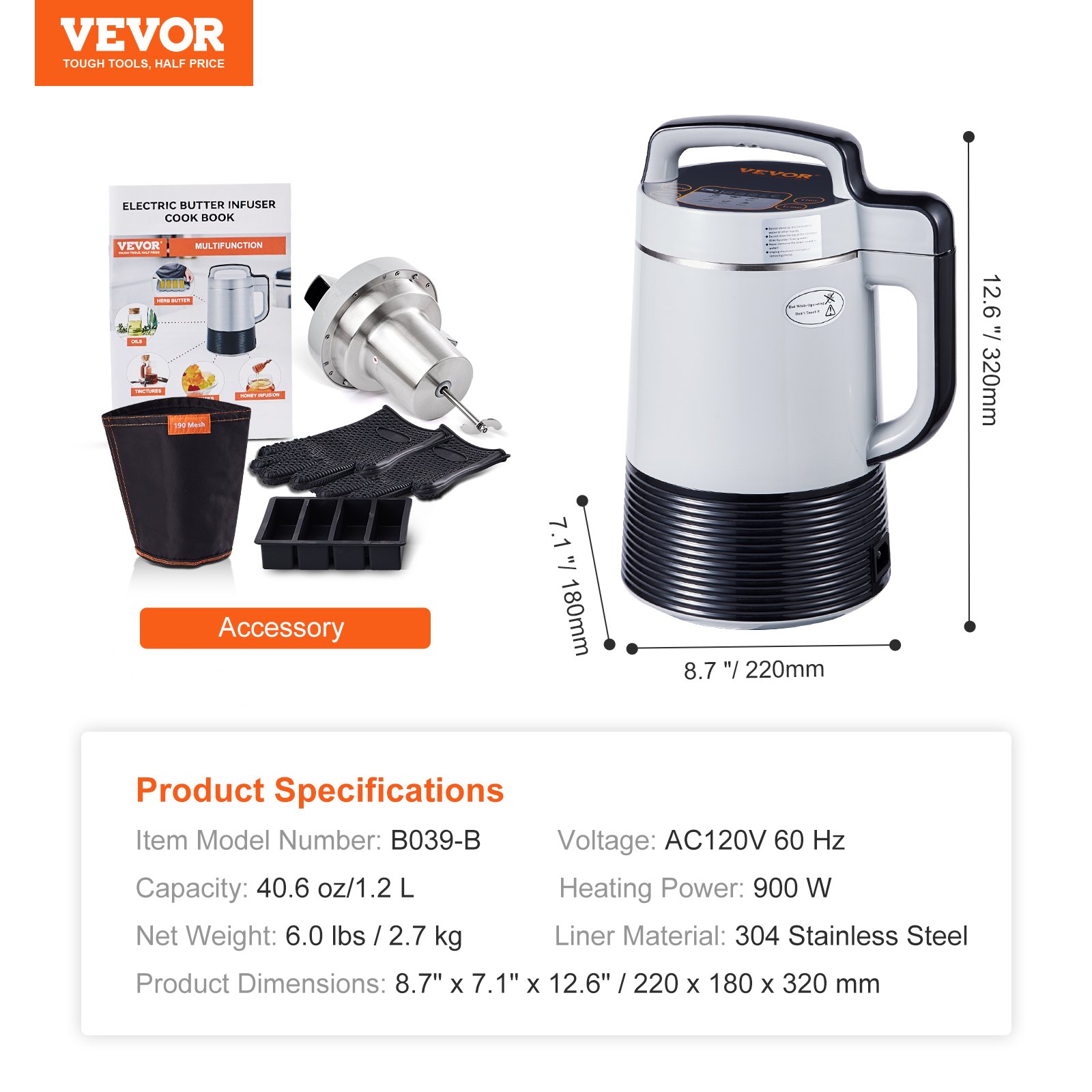 Máquina infusora de mantequilla VEVOR con accesorios, dimensiones y especificaciones del producto.